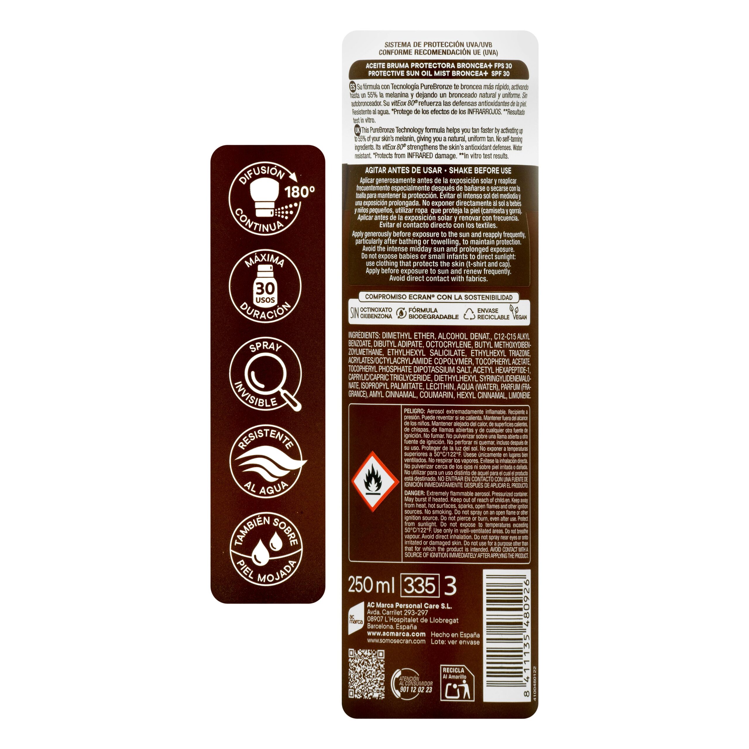 Etiqueta Aceite bruma protectora Sunnique Ecran FPS 30 resistente al agua