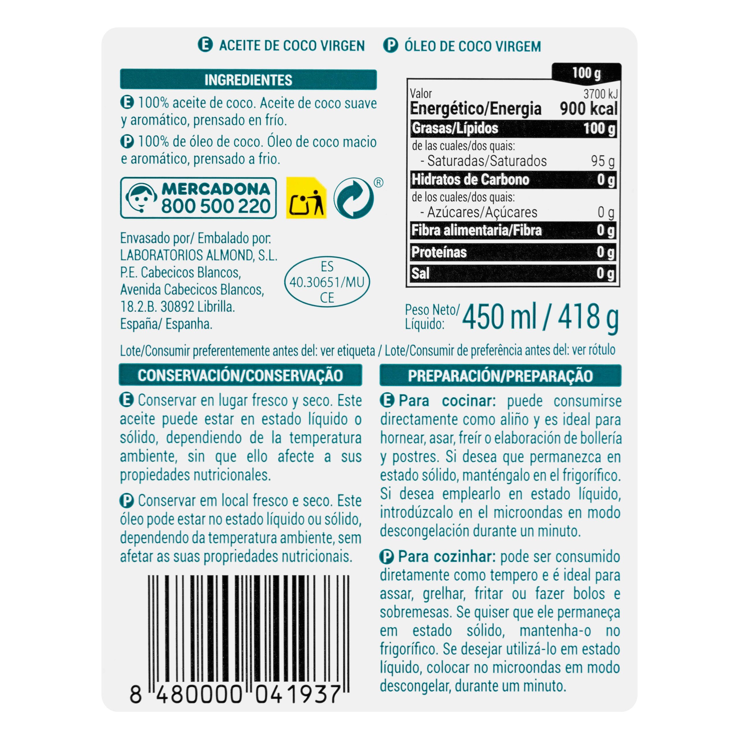 Etiqueta Aceite de coco virgen Hacendado