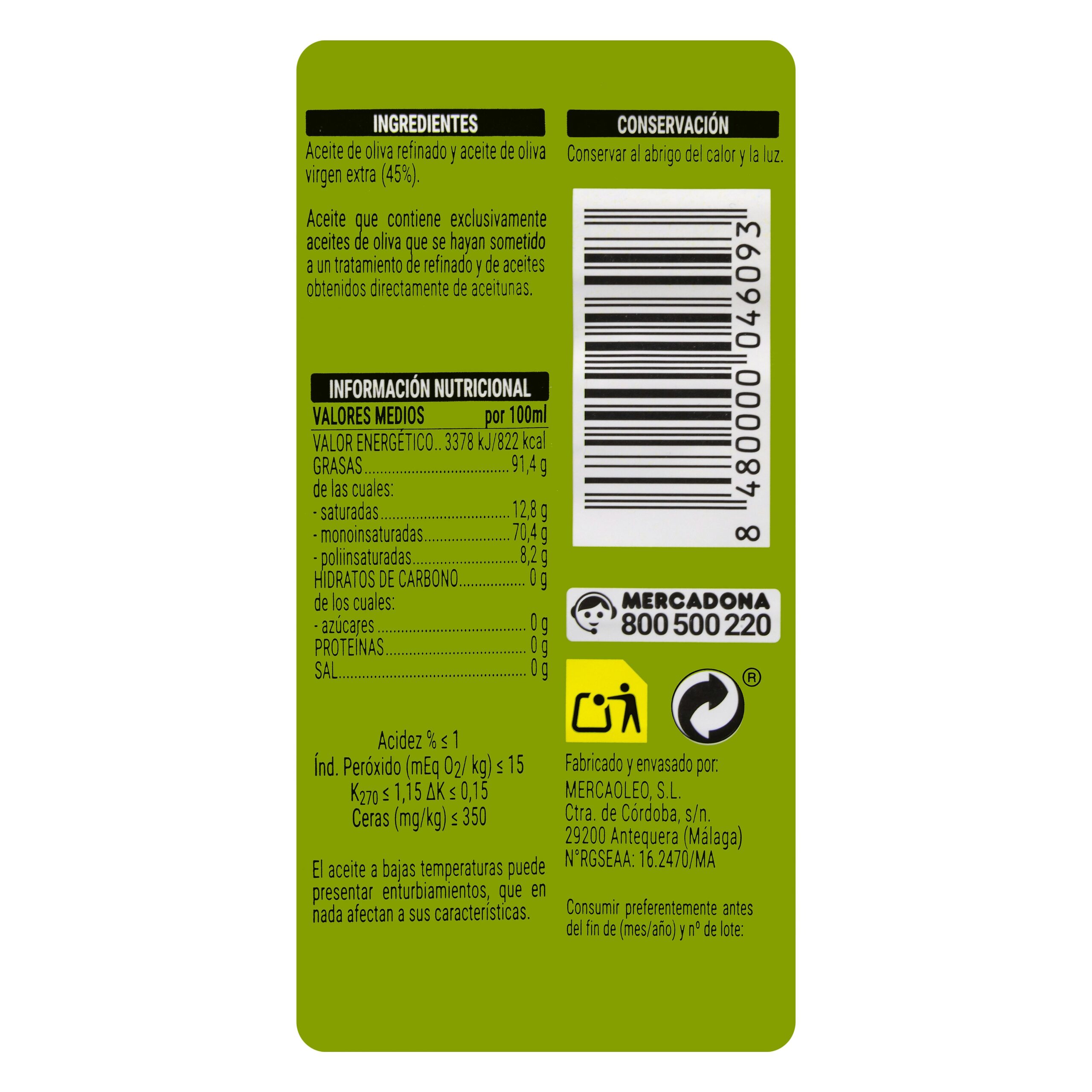 Etiqueta Aceite de oliva intenso Hacendado