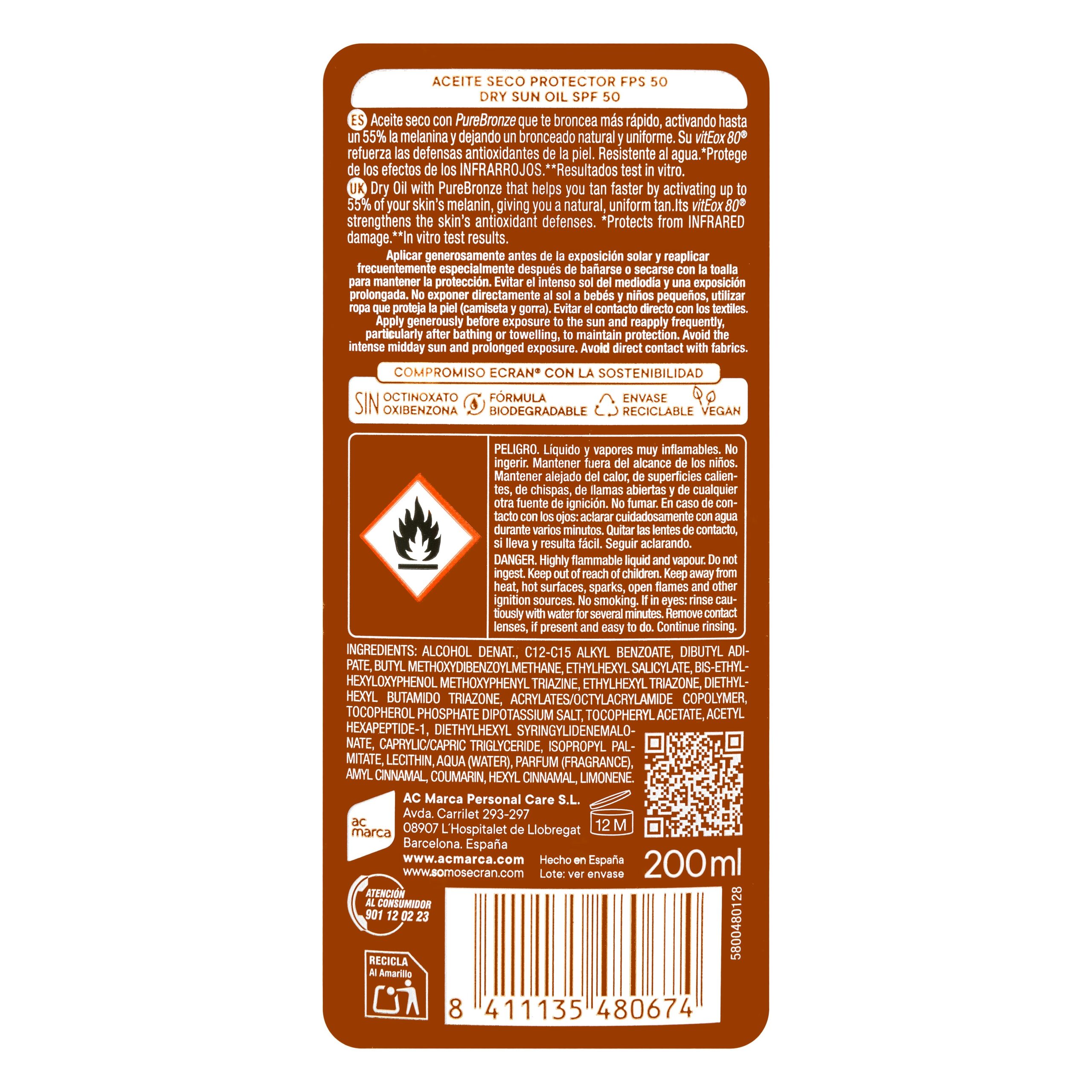 Etiqueta Aceite solar seco protector FPS 50 Ecran resistente al agua