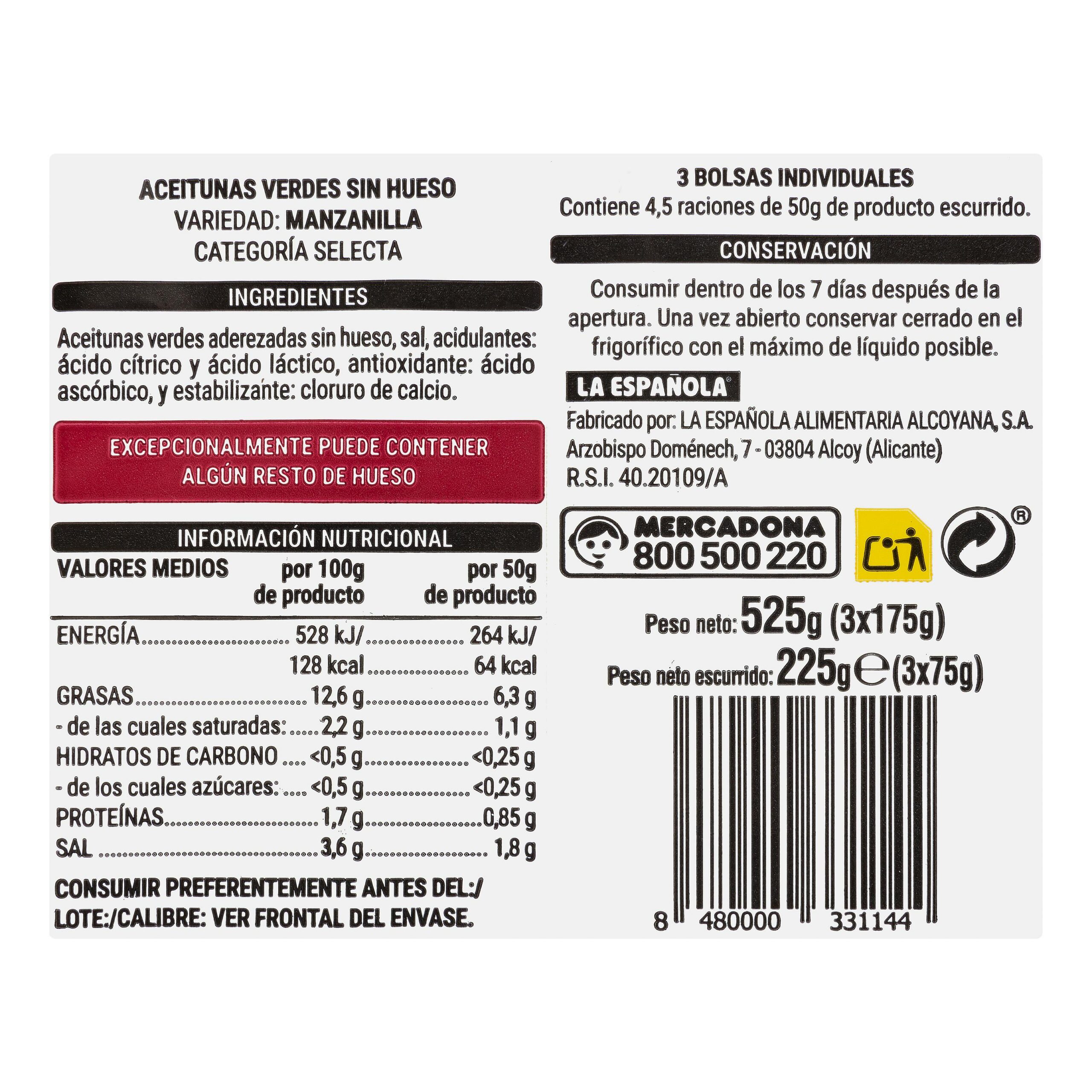Etiqueta Aceitunas manzanilla Hacendado sin hueso