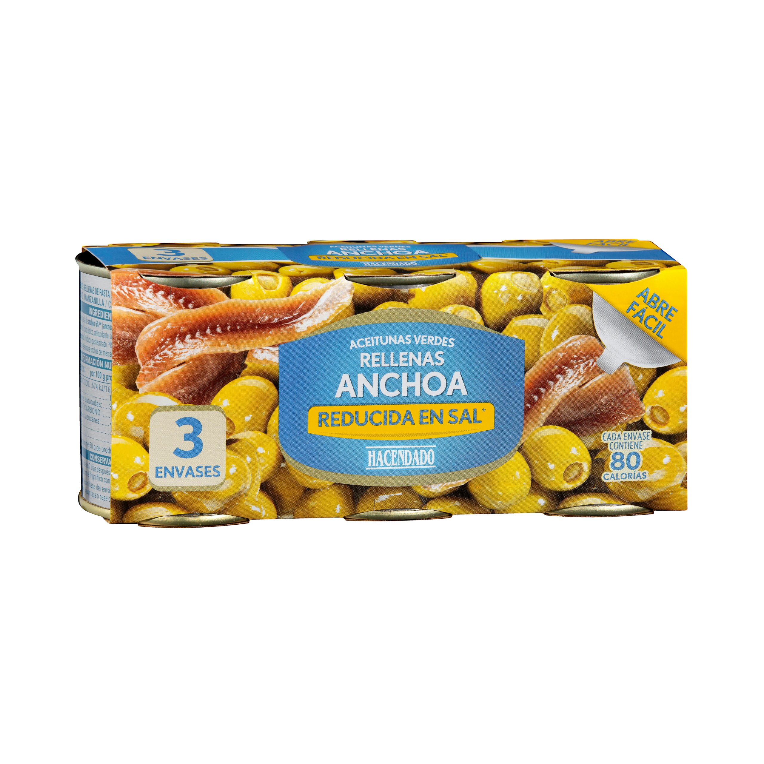 Aceitunas manzanilla rellenas de anchoa Hacendado reducidas en sal Aceitunas manzanilla rellenas de anchoa Hacendado reducidas en sal