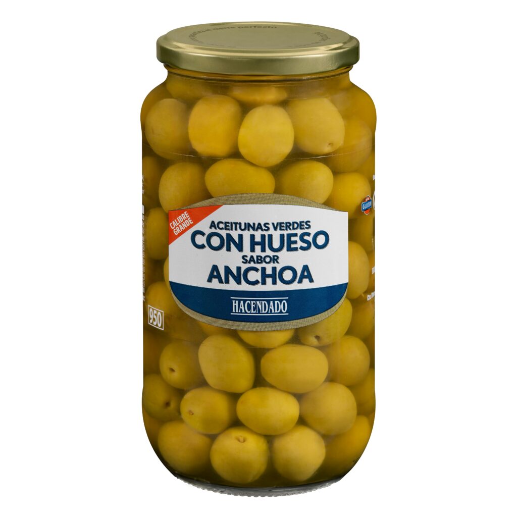 Aceitunas manzanilla sabor anchoa Hacendado con hueso calibre grande