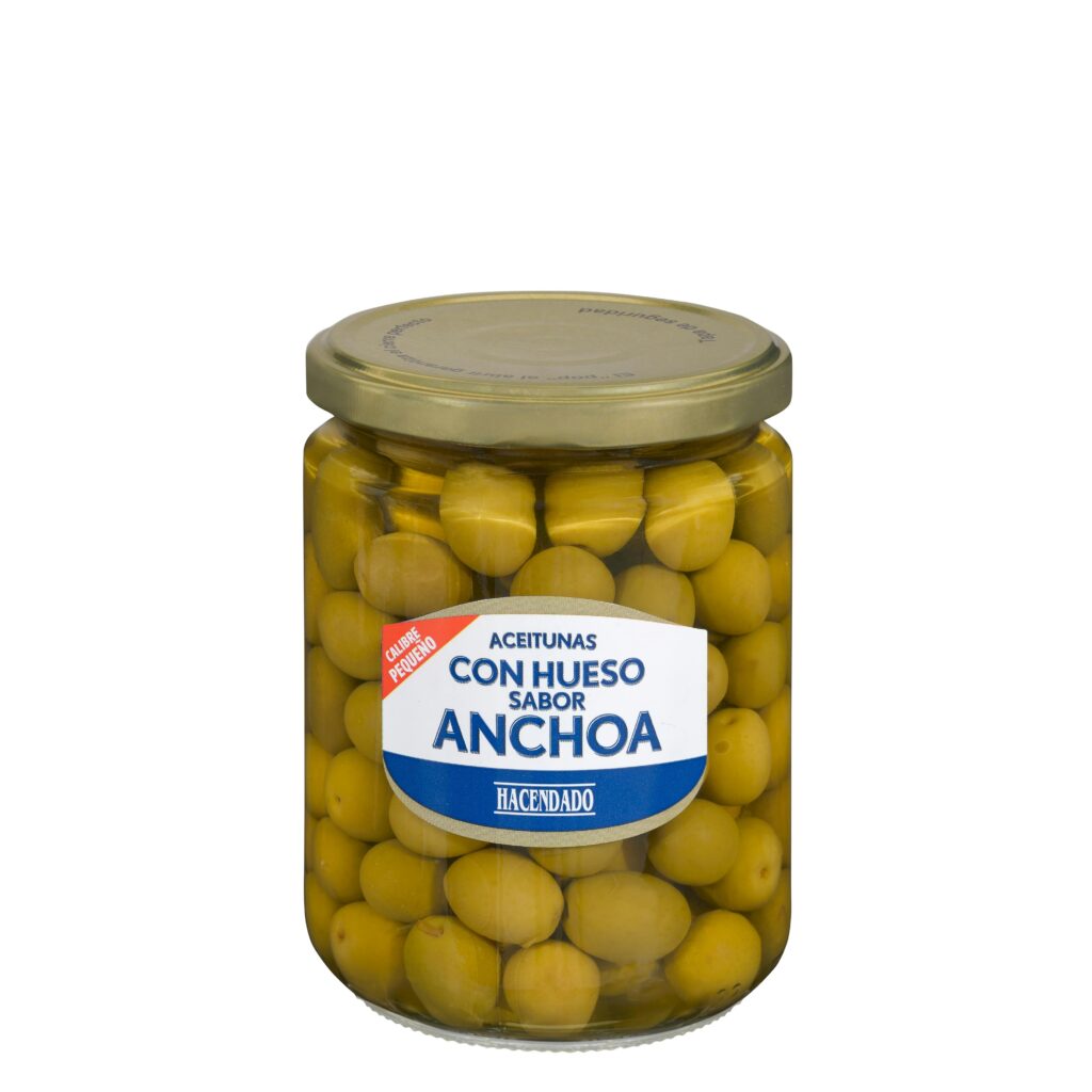 Aceitunas manzanilla sabor anchoa Hacendado con hueso calibre pequeño
