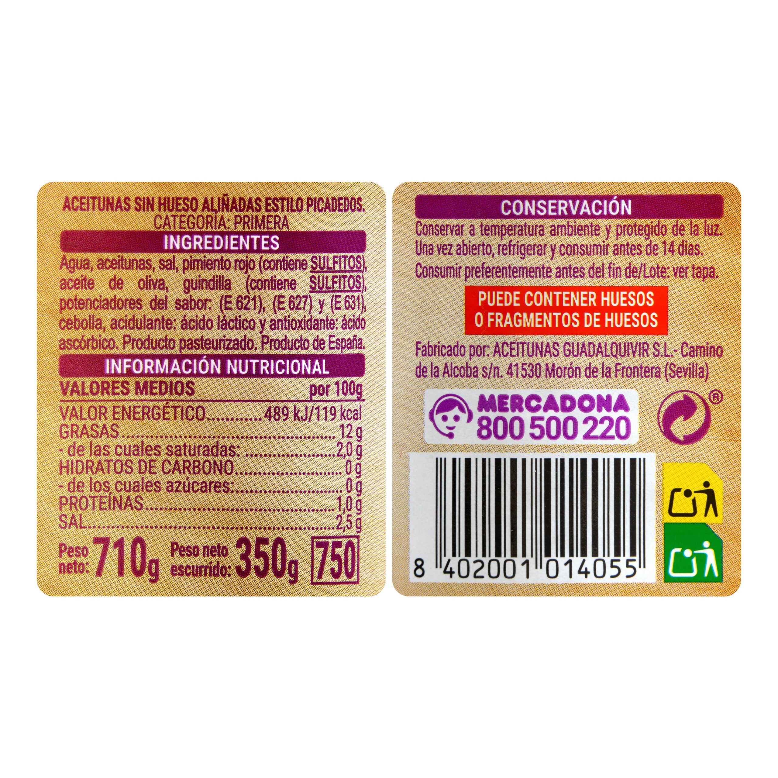Etiqueta Aceitunas picadedos Hacendado aliñadas sin hueso