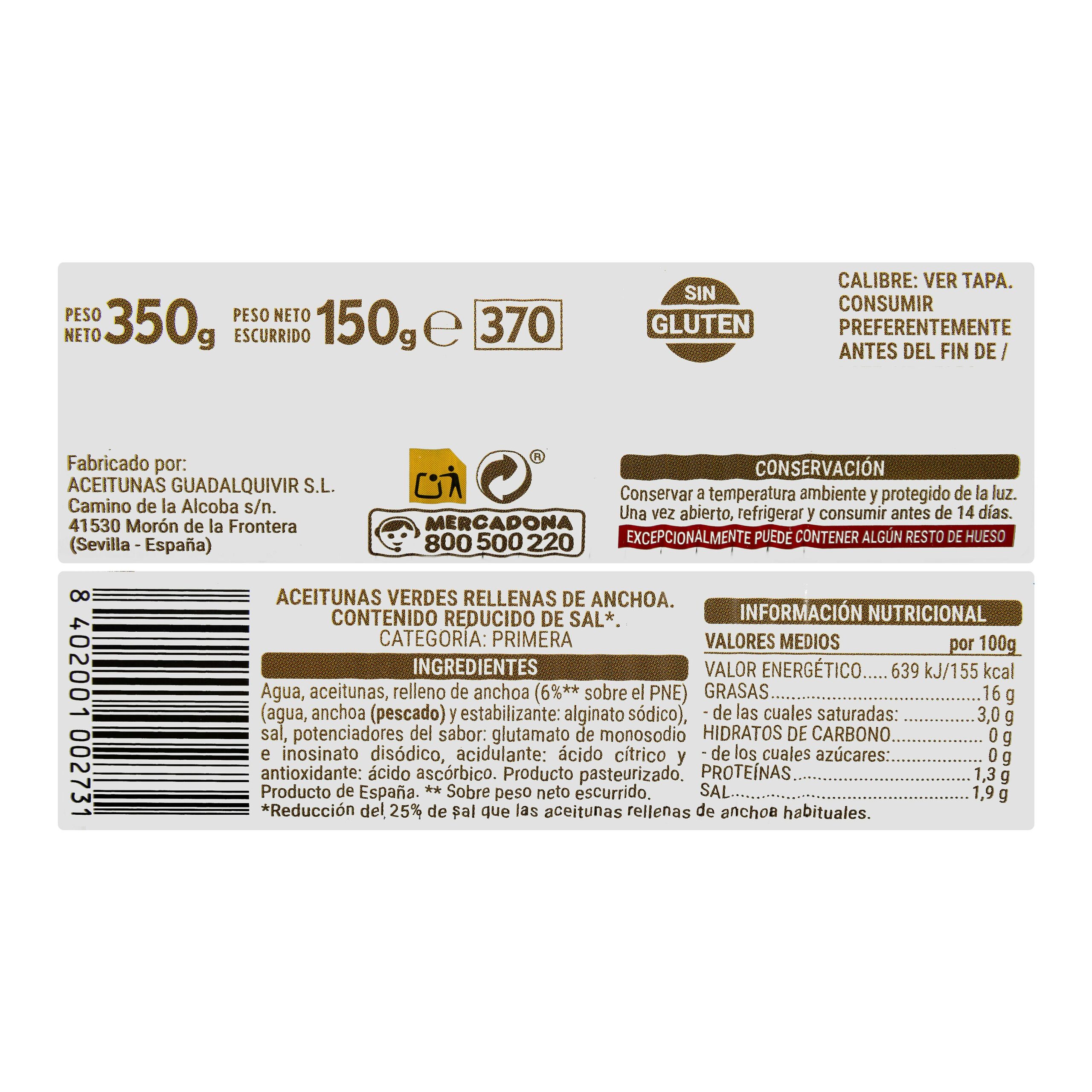 Etiqueta Aceitunas rellenas de anchoa Hacendado reducido en sal