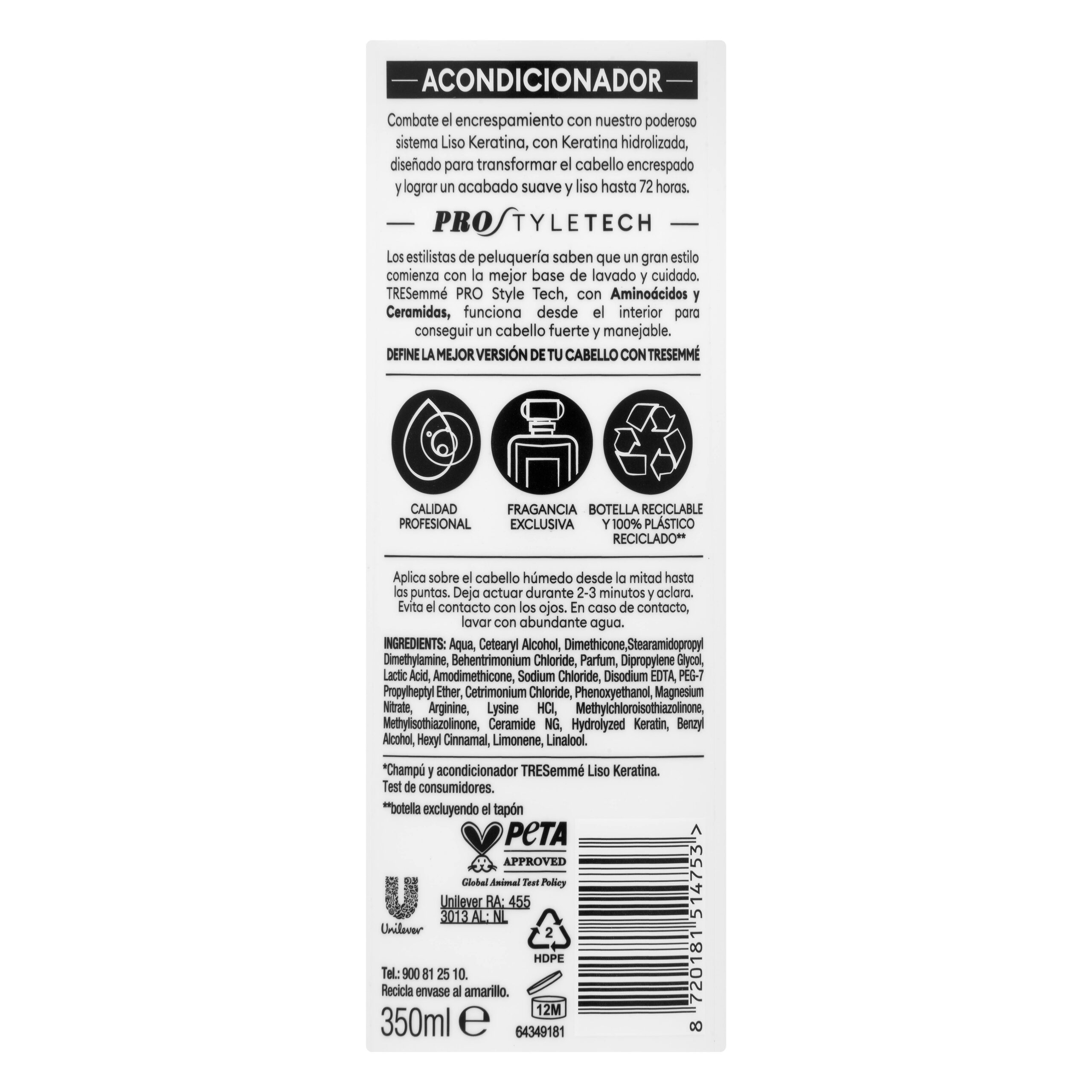 Etiqueta Acondicionador Liso Keratina TRESemmé cabello encrespado o dañado con keratina hidrolizada y aminoácidos