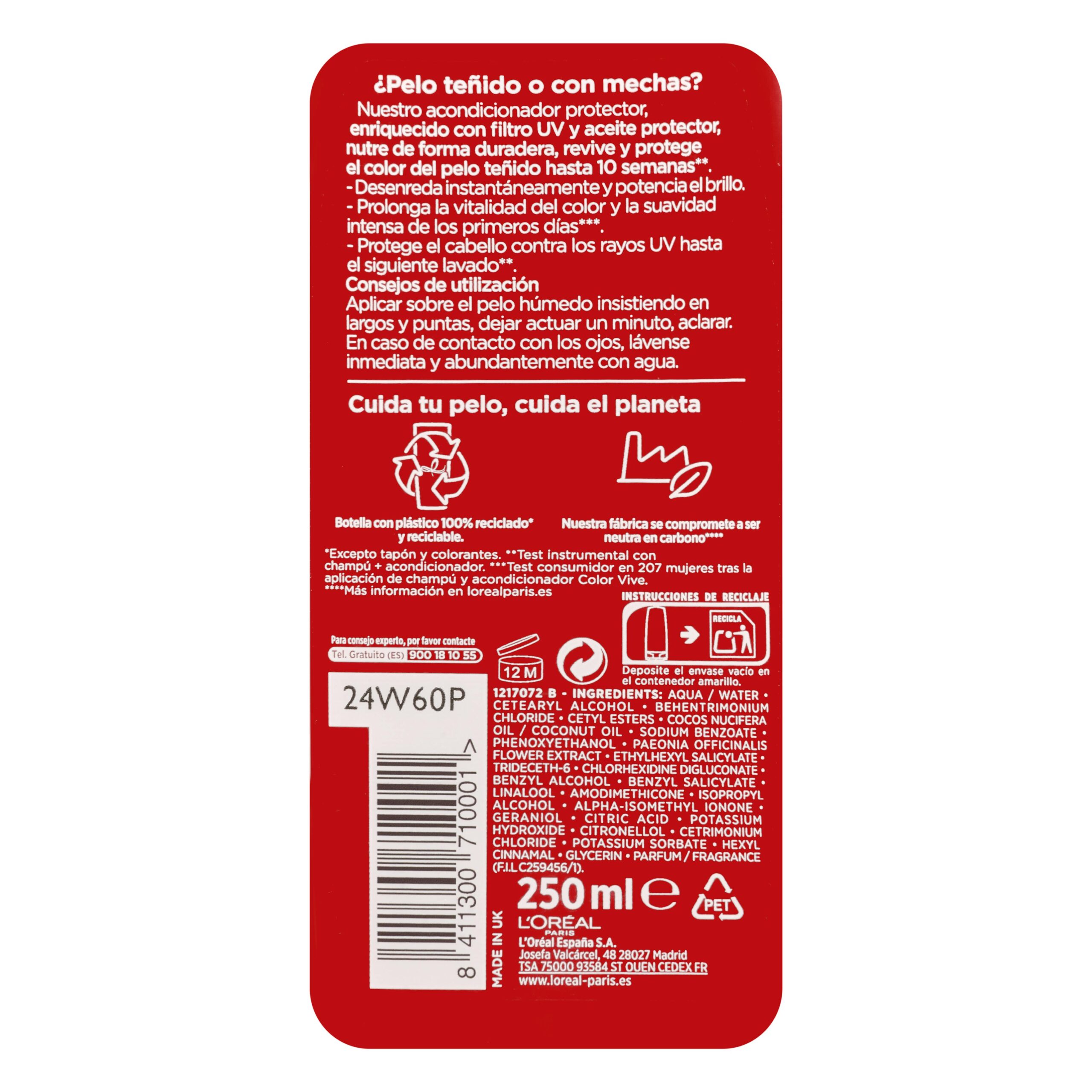 Etiqueta Acondicionador Protector Color Vive Elvive cabello teñido o con mechas