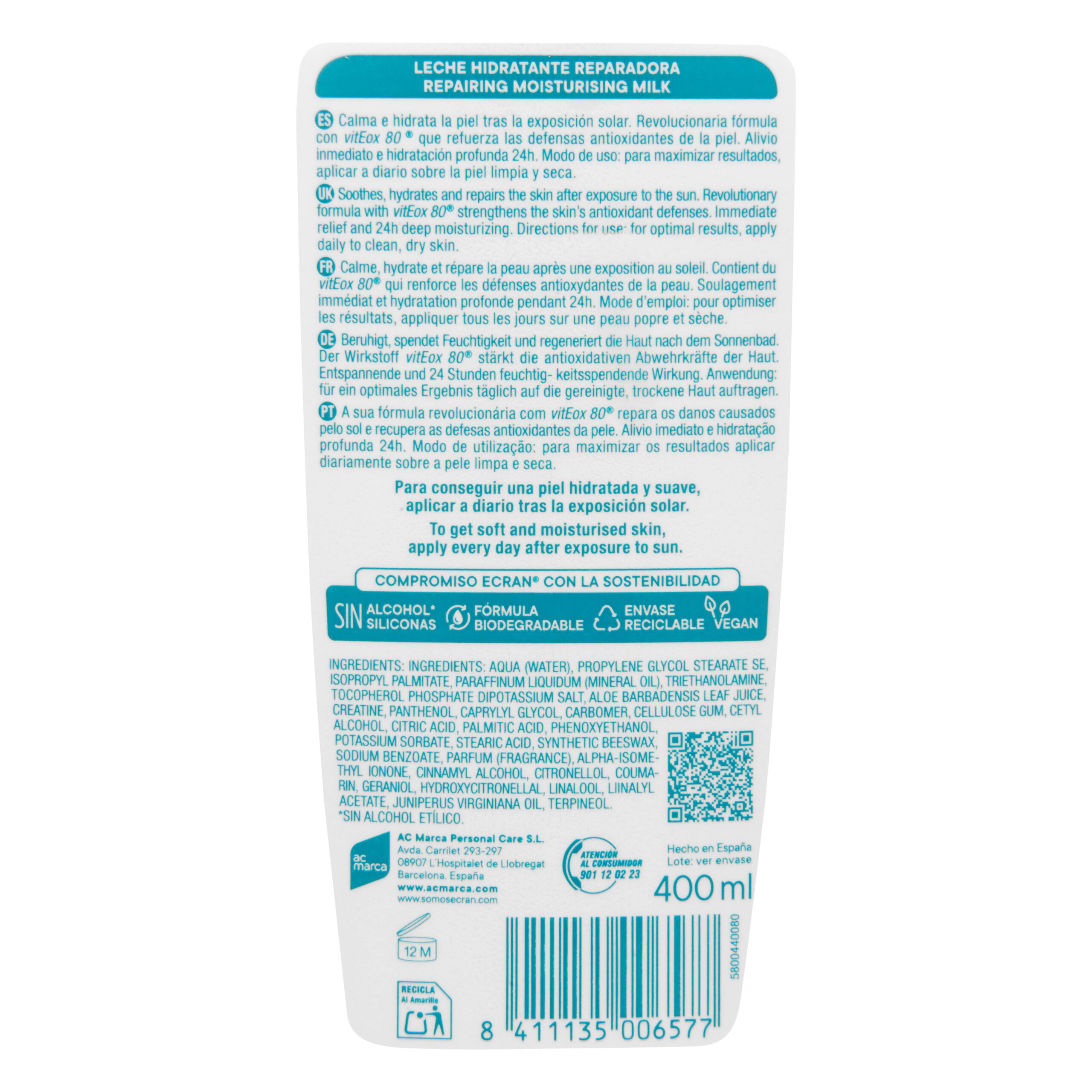 Etiqueta Aftersun leche corporal Ecran hidratante y reparadora