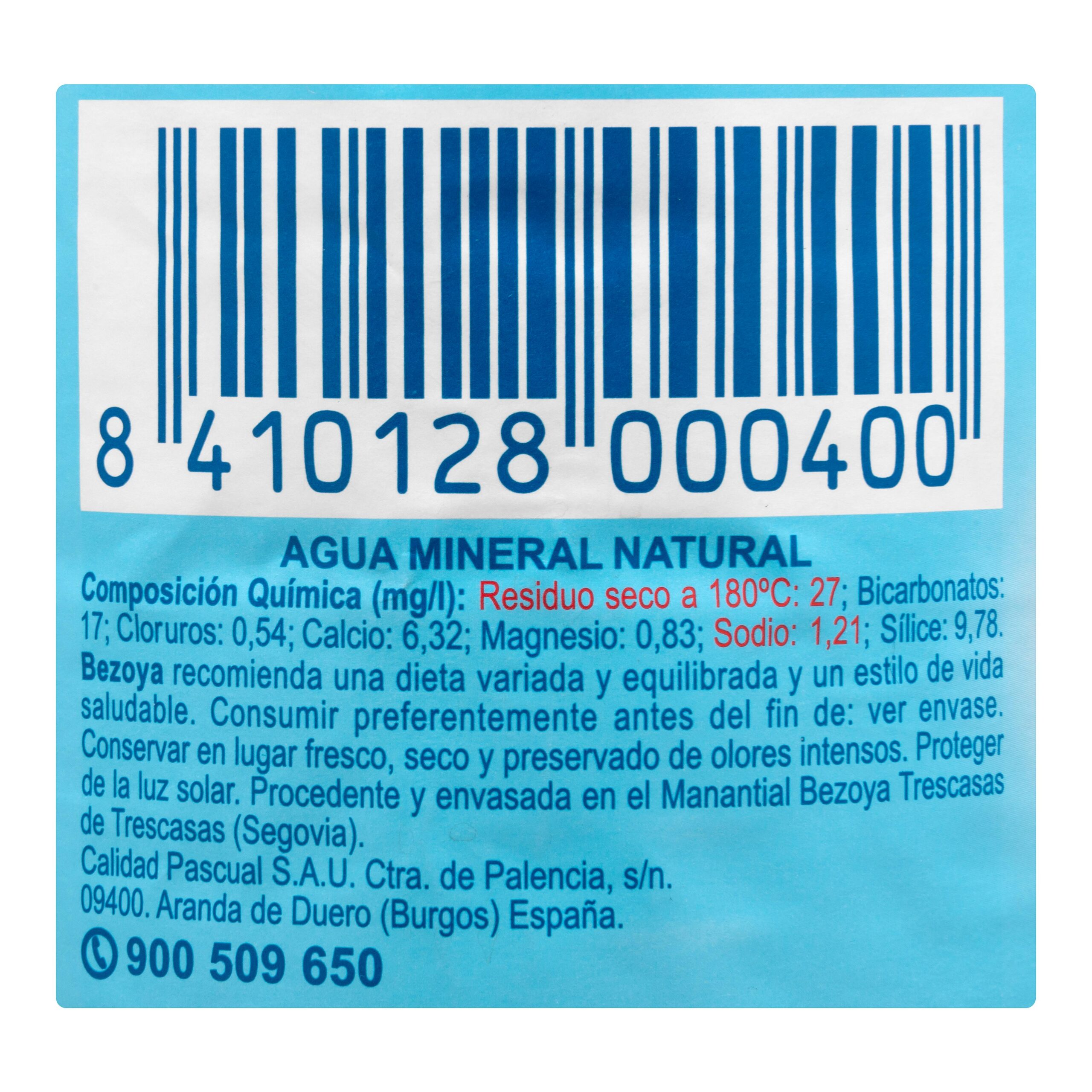 Etiqueta Agua mineral grande Bezoya mineralización muy débil