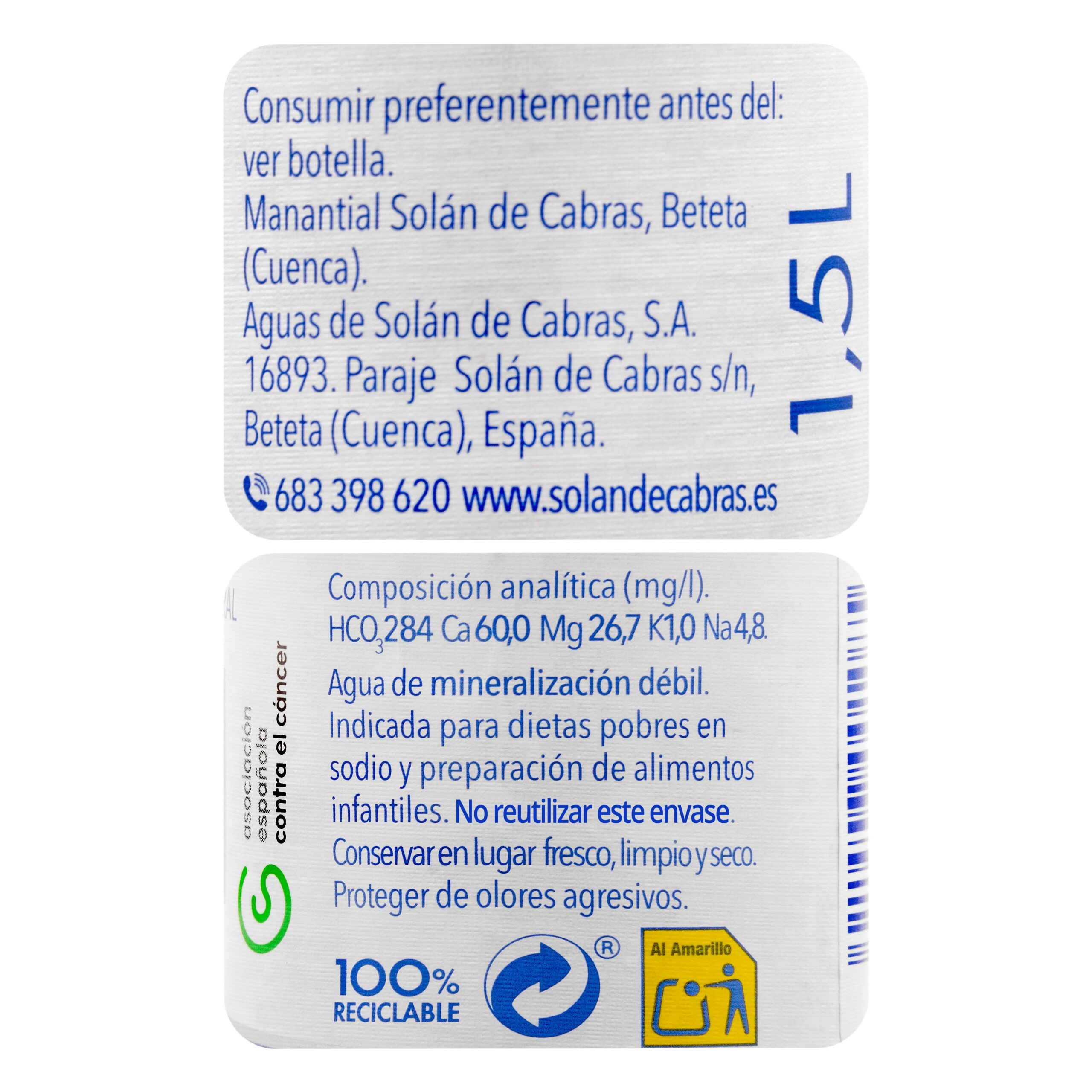 Etiqueta Agua mineral grande Solán de Cabras mineralización débil