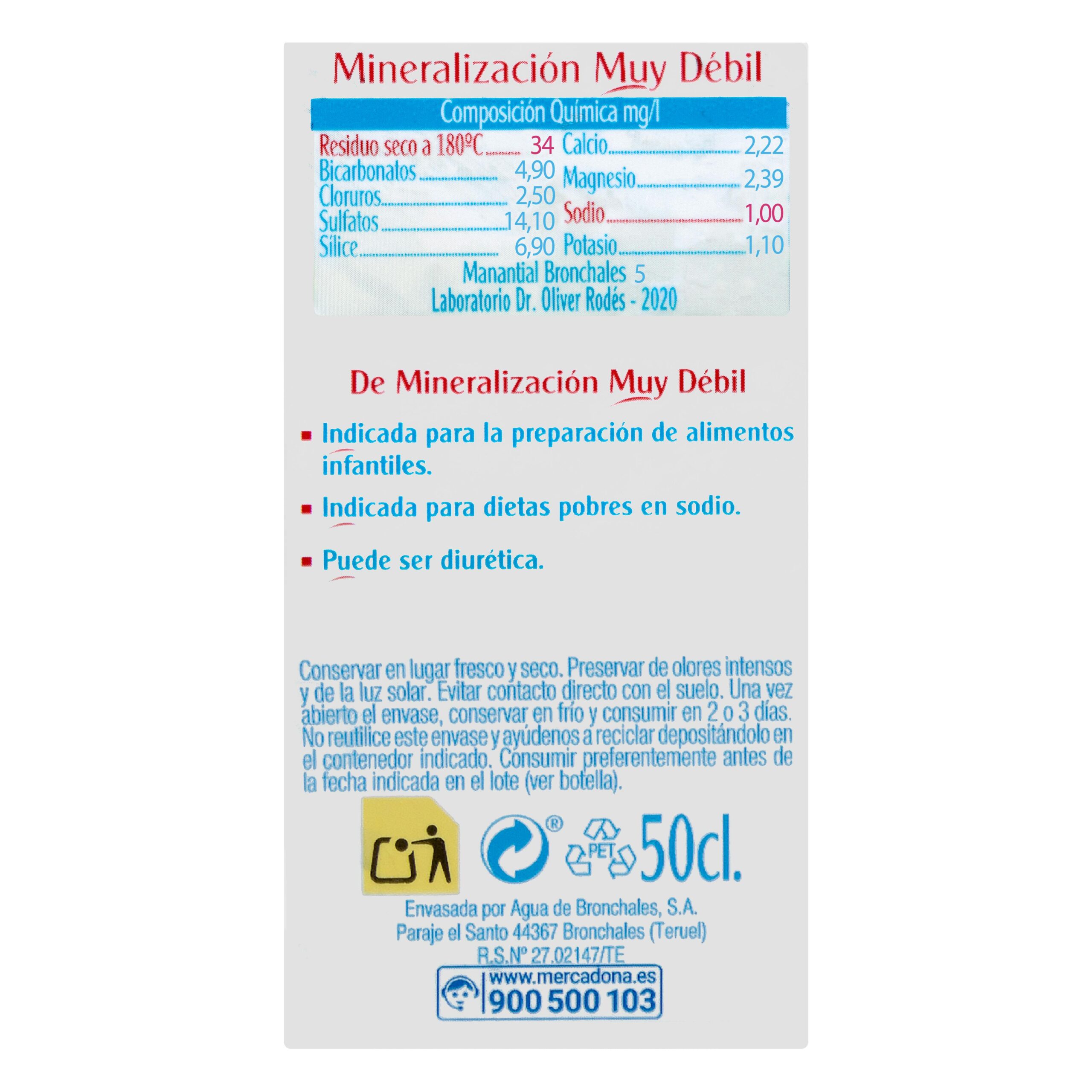 Etiqueta Agua mineral pequeña Bronchales mineralización muy débil