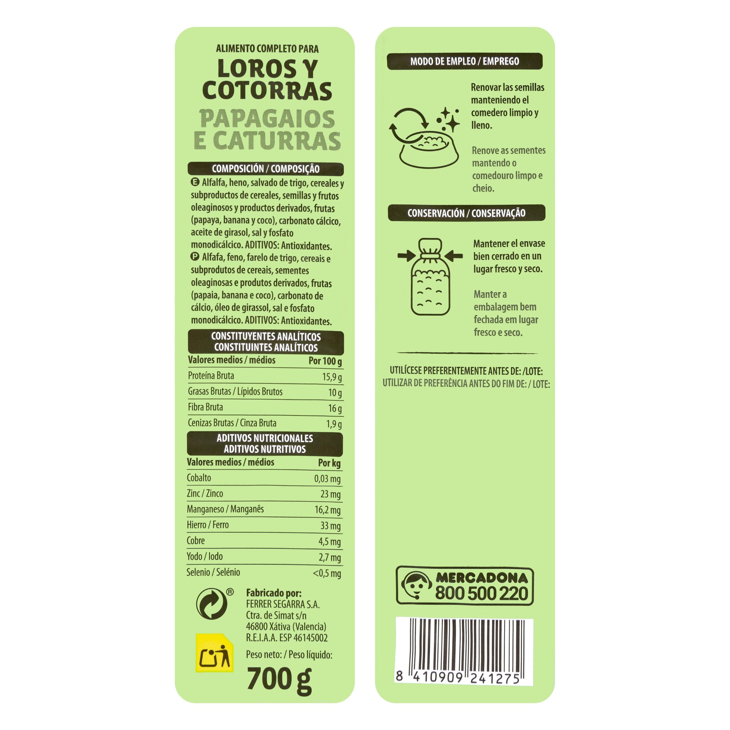 Etiqueta Alimento completo para loros y cotorras Granzoo