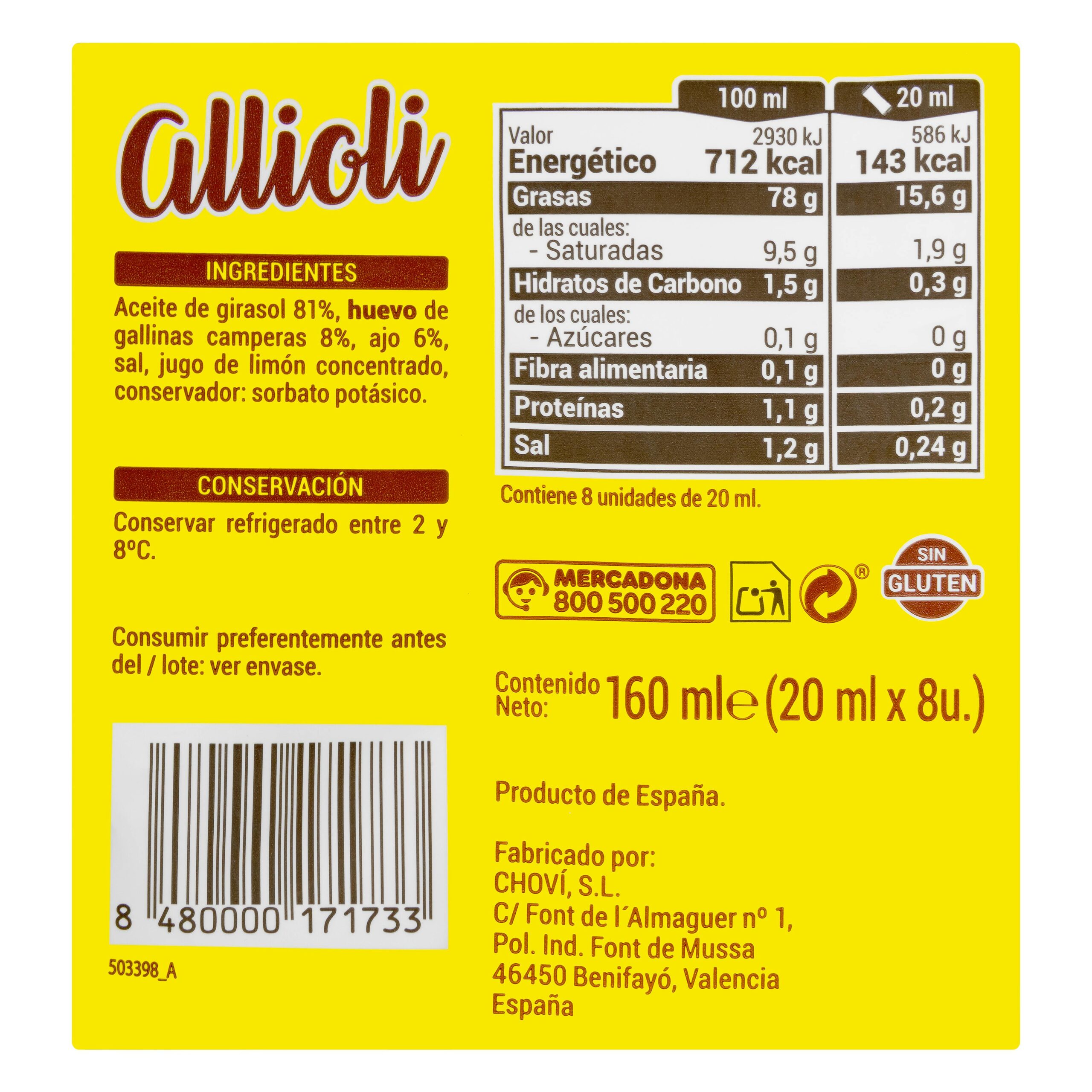 Etiqueta Allioli en sobres individuales Hacendado