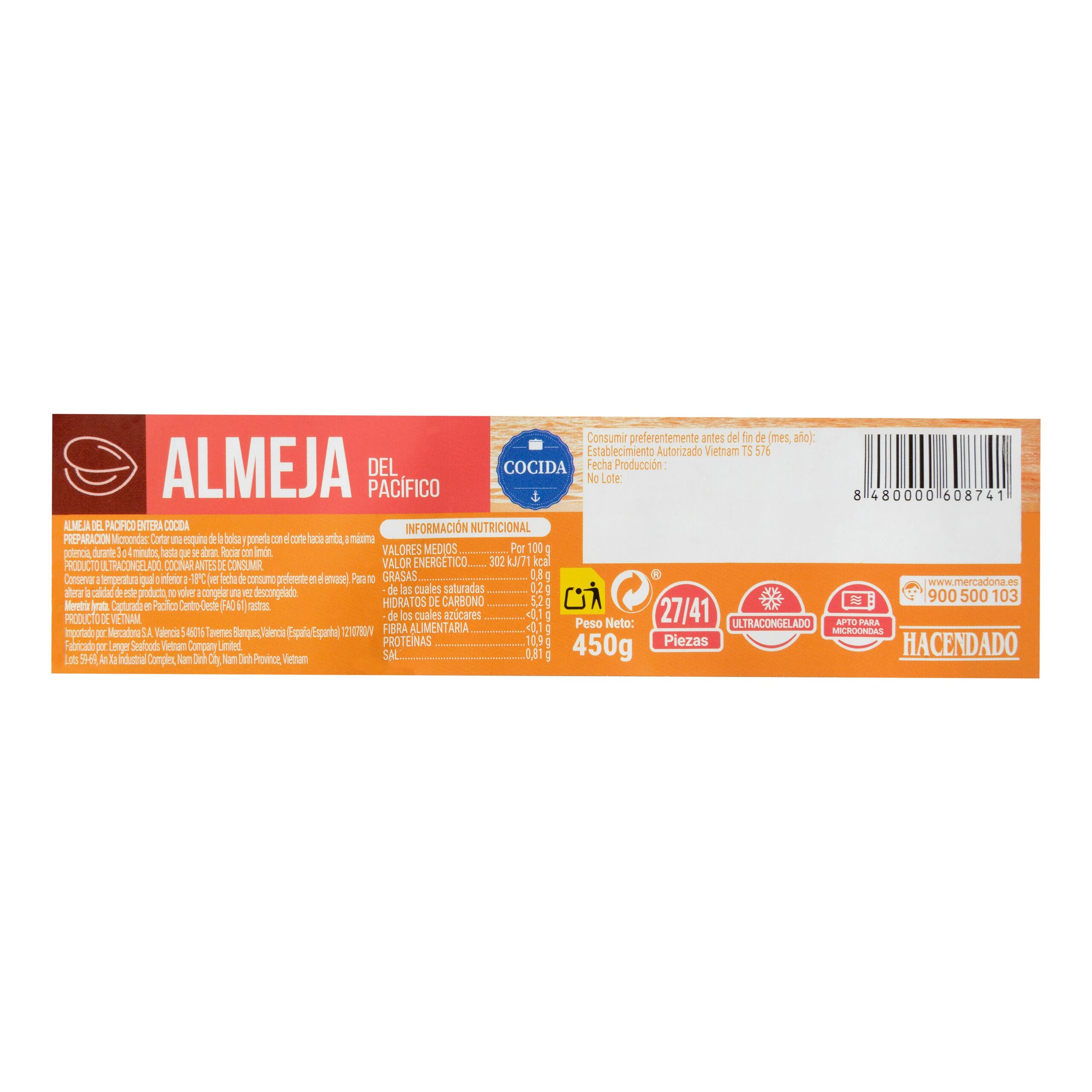 Etiqueta Almeja Hacendado congelada