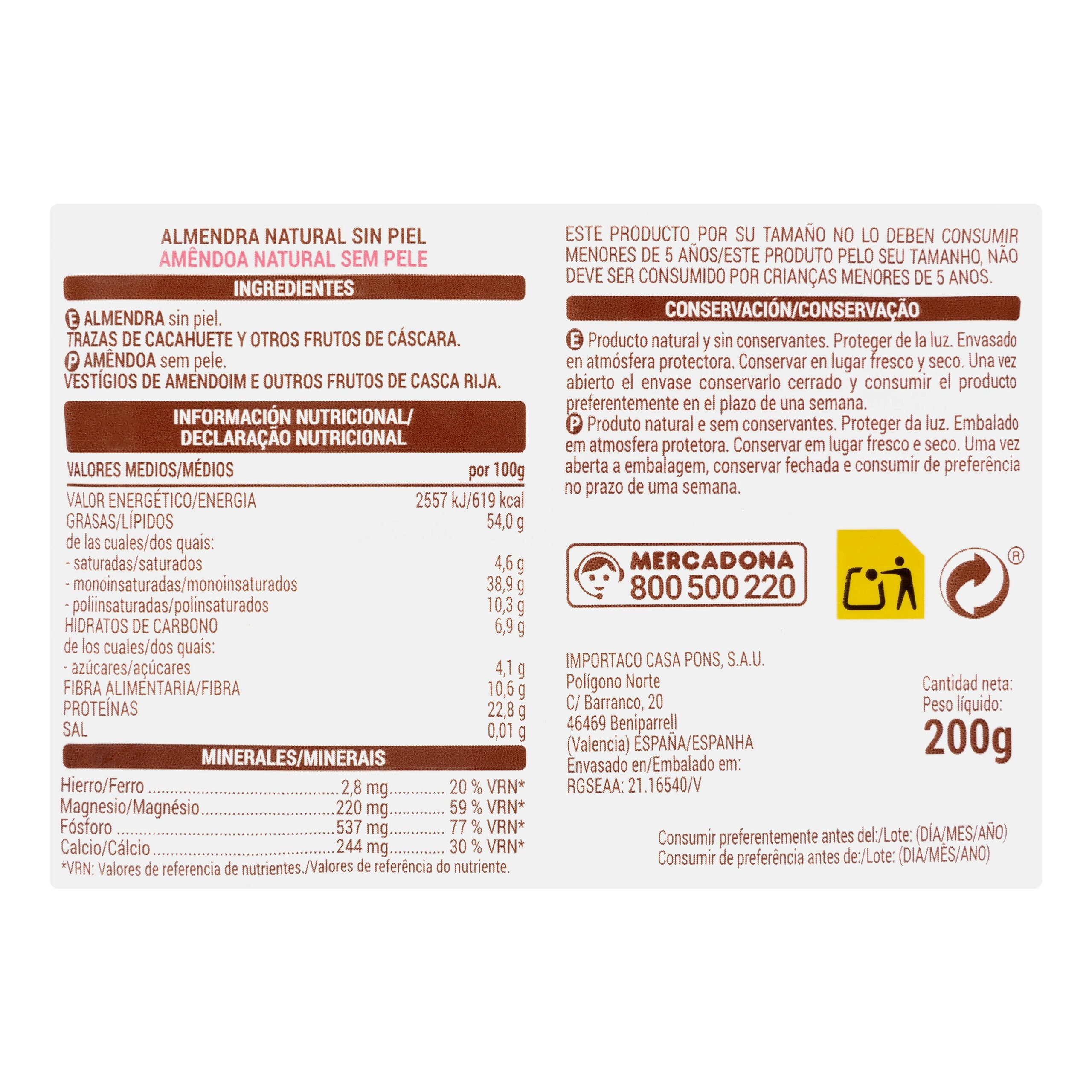 Etiqueta Almendra natural Hacendado sin piel