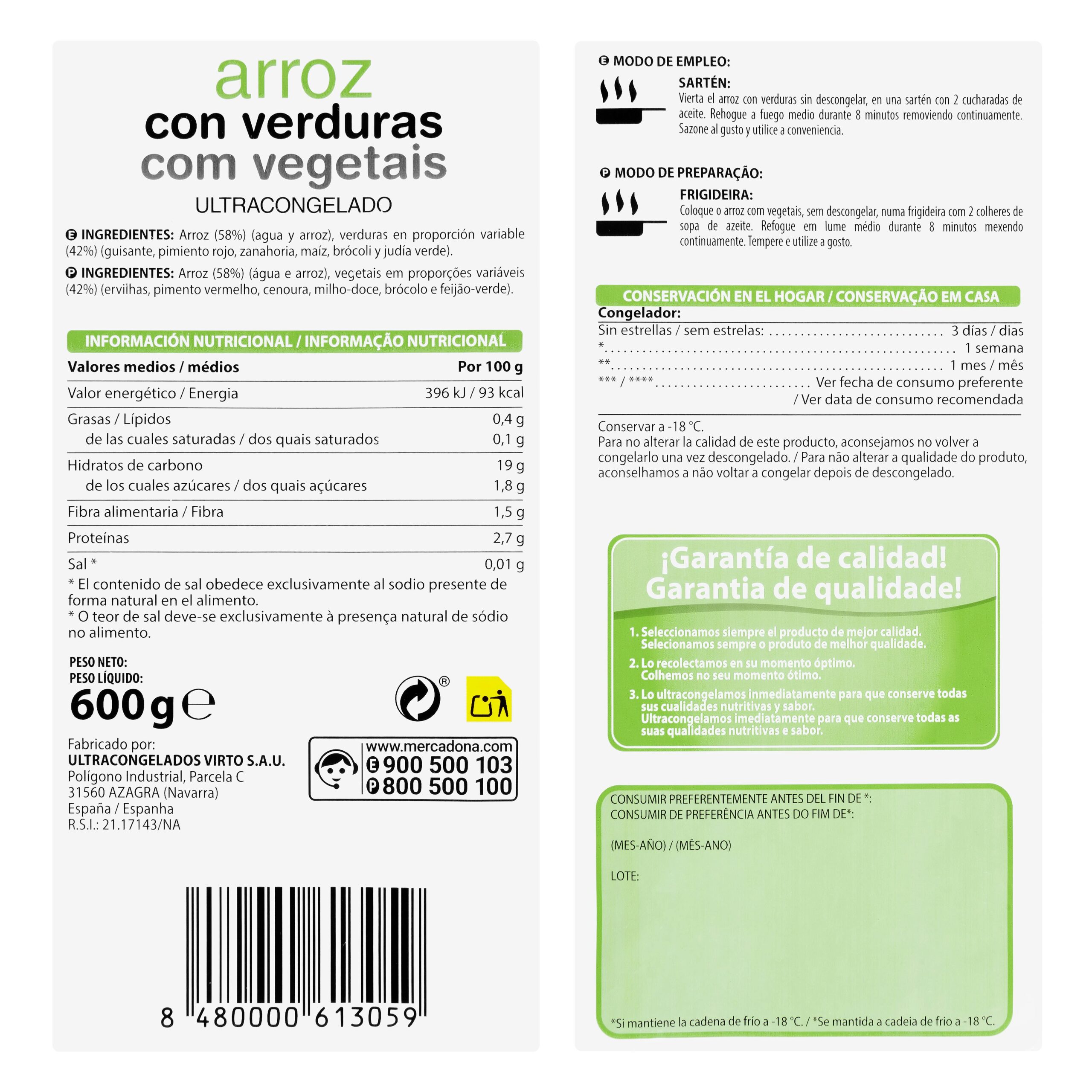Etiqueta Arroz con verduras Hacendado ultracongelado