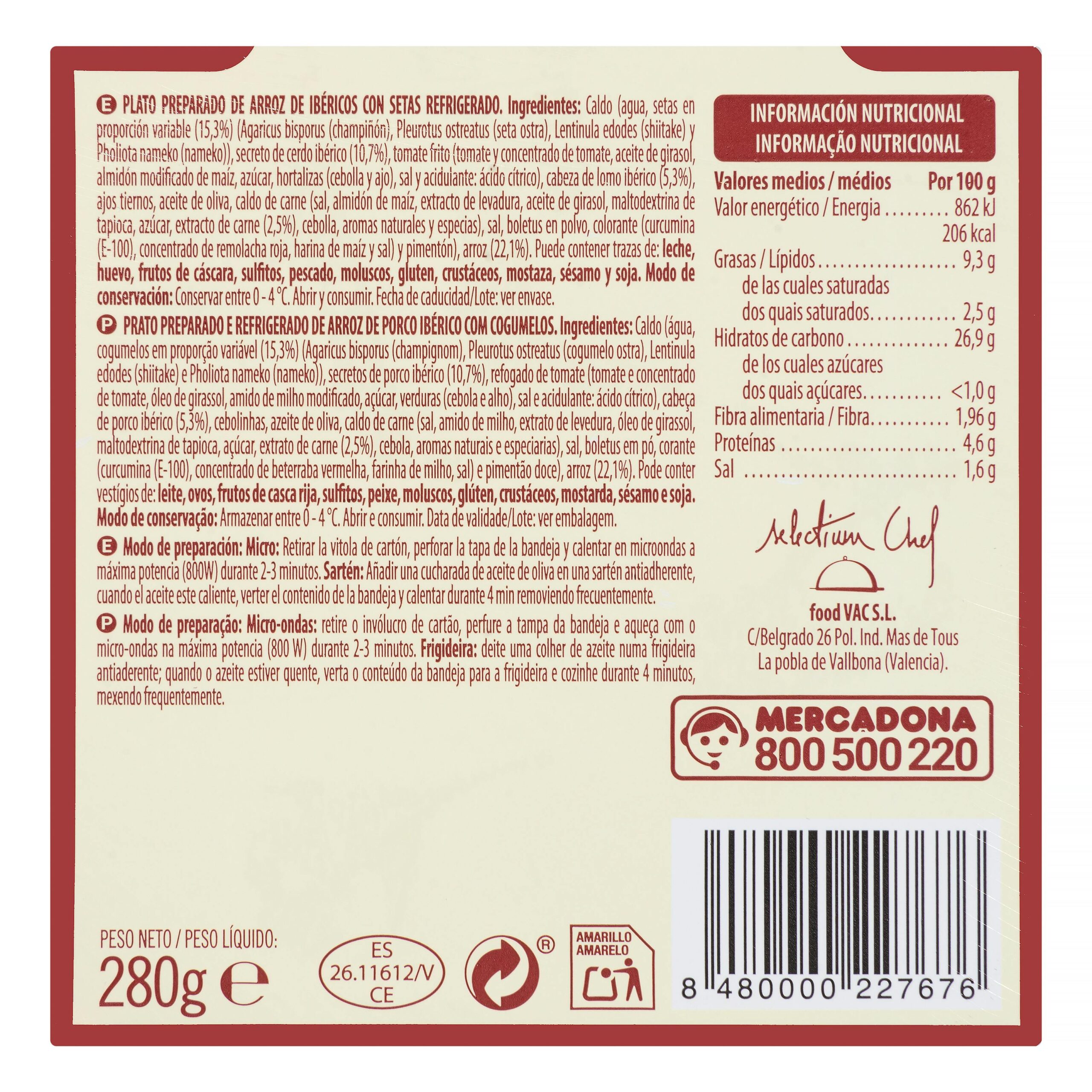 Etiqueta Arroz de secreto ibérico con setas Hacendado