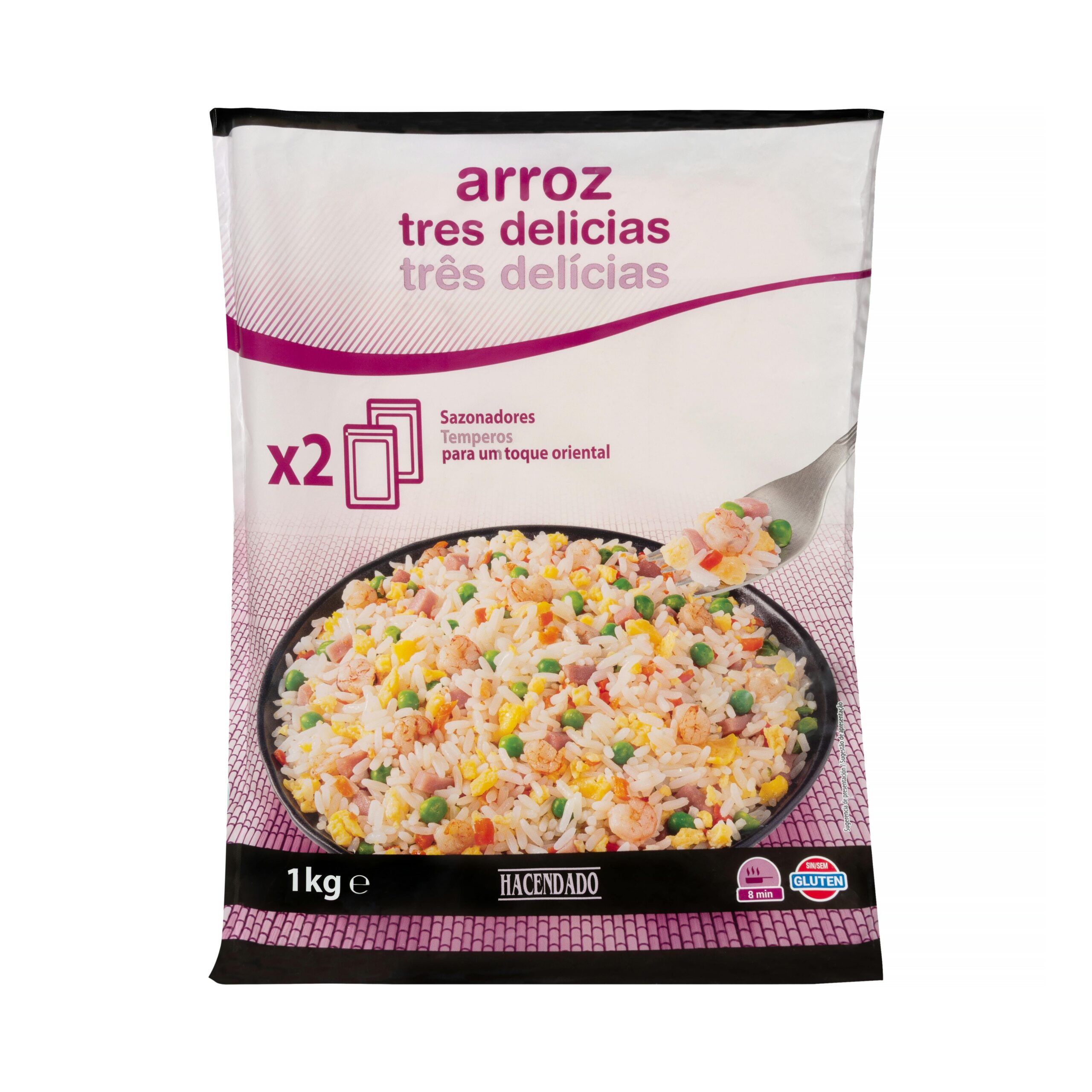 Arroz tres delicias Hacendado ultracongelado con 2 sazonadores