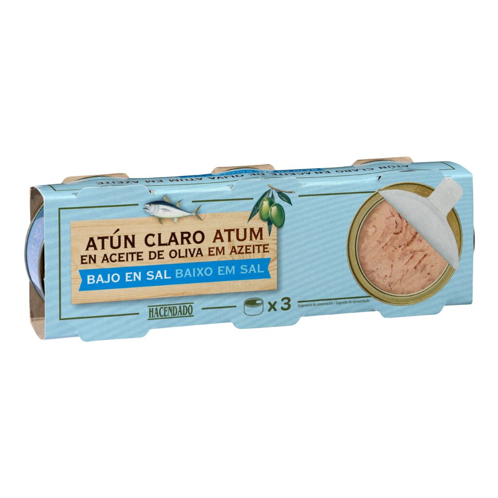 Atún claro bajo en sal en aceite de oliva Hacendado