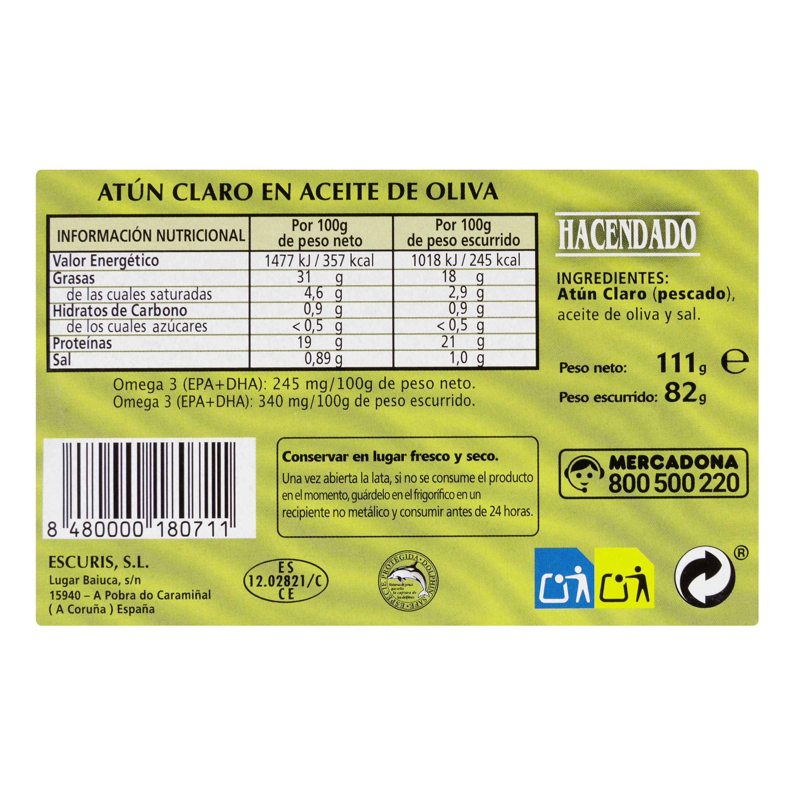 Etiqueta Atún claro en aceite de oliva Hacendado