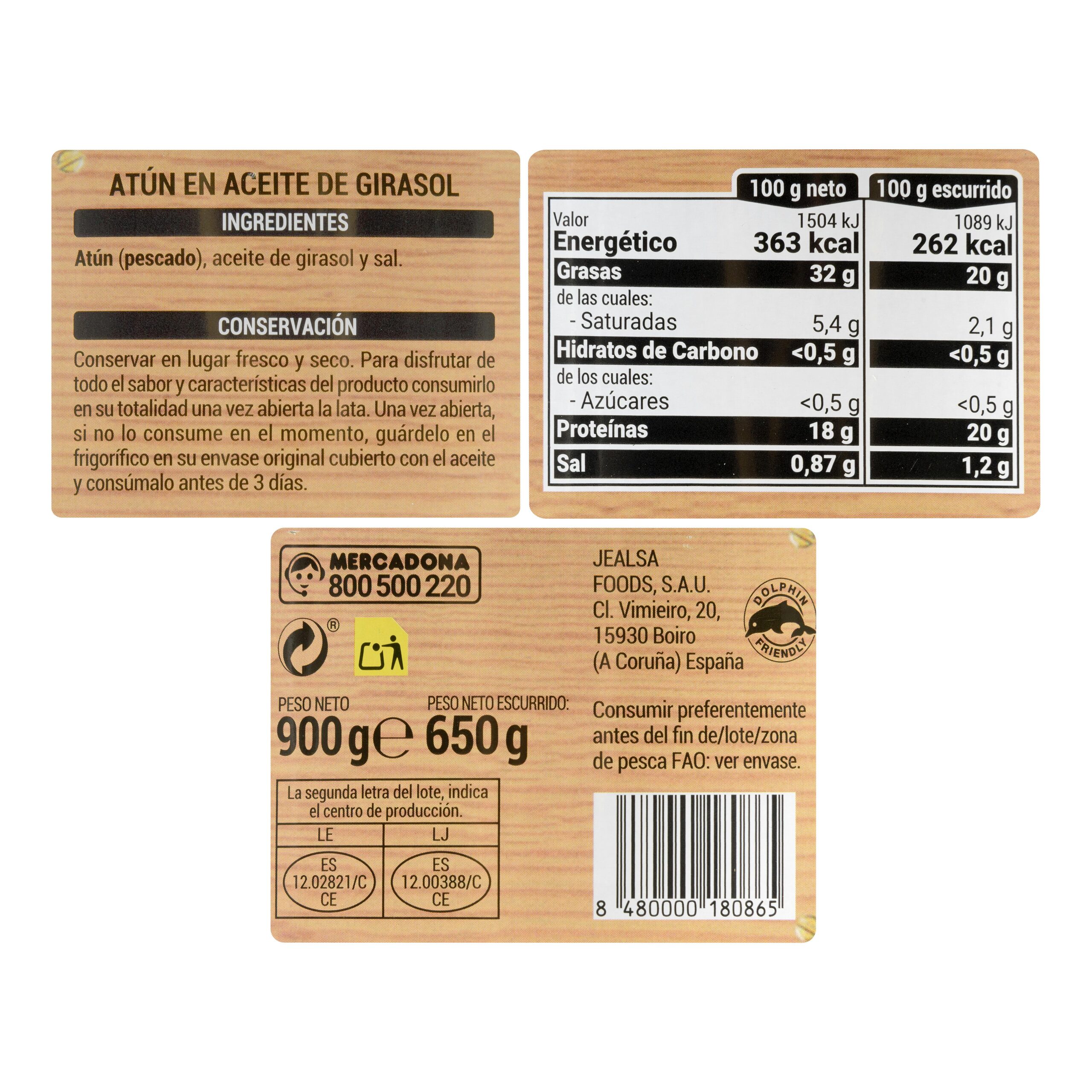 Etiqueta Atún en aceite de girasol Hacendado