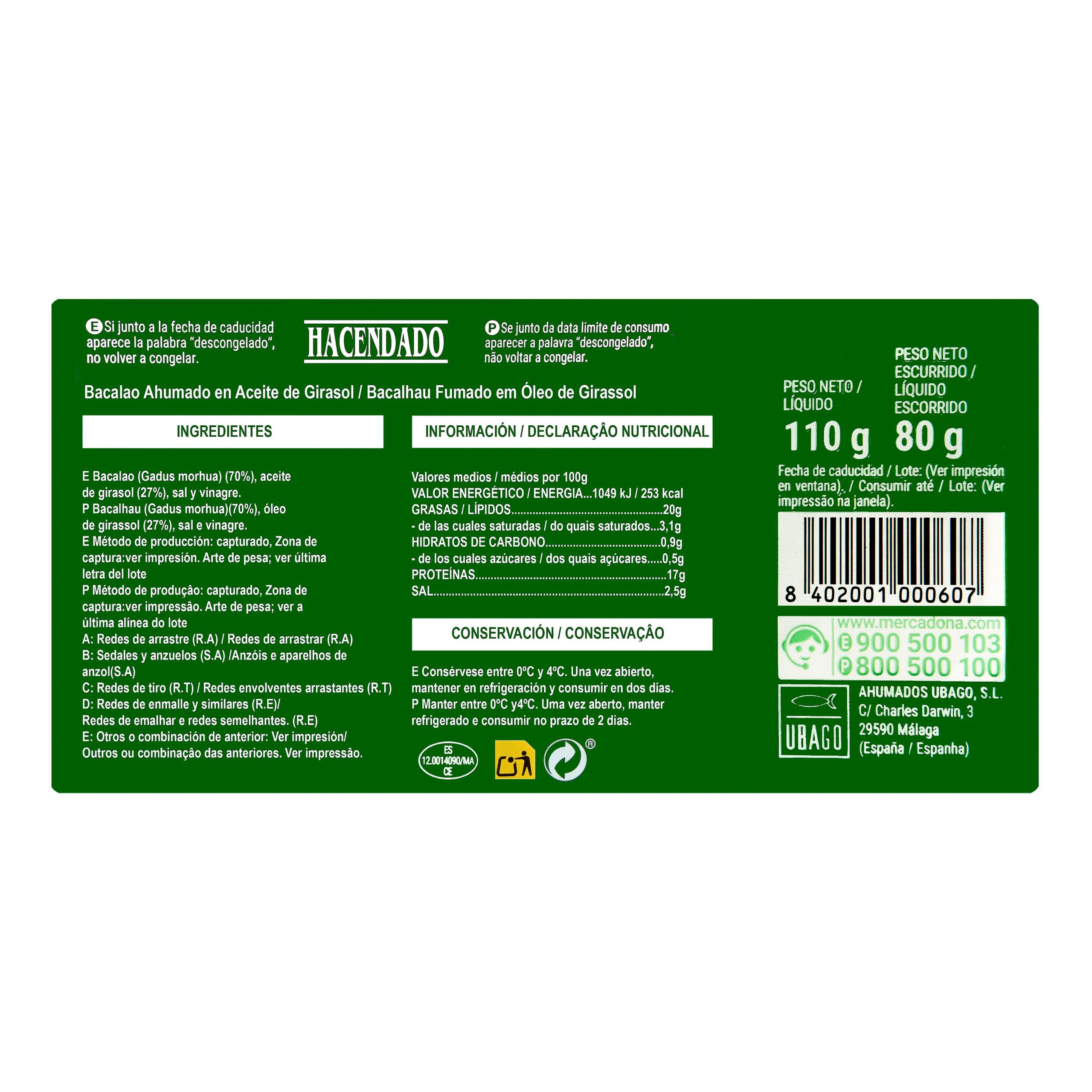 Etiqueta Bacalao ahumado Hacendado en aceite de girasol