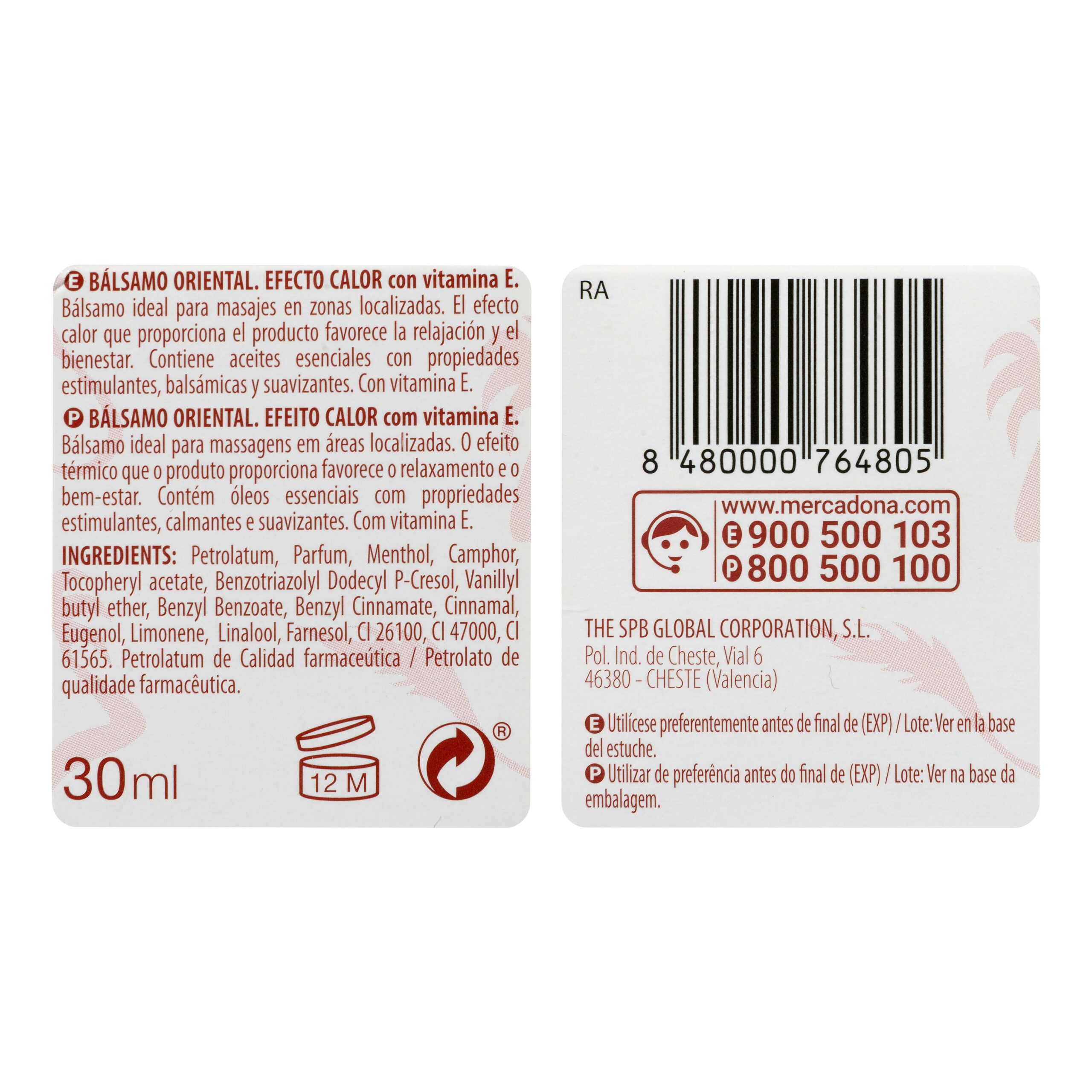 Etiqueta Bálsamo oriental efecto calor Deliplus con vitamina E