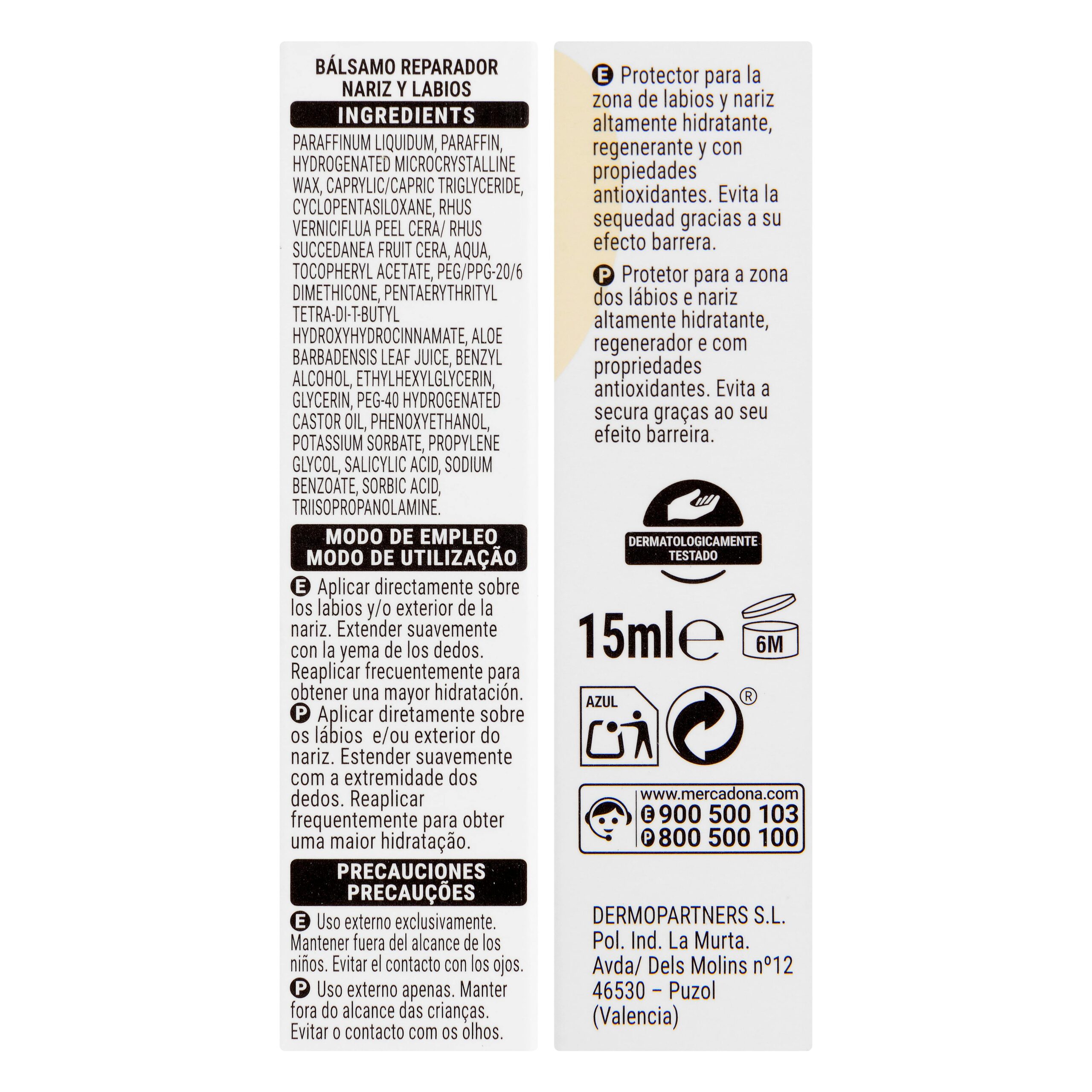 Etiqueta Bálsamo reparador labios Deliplus con aloe vera y vitamina E