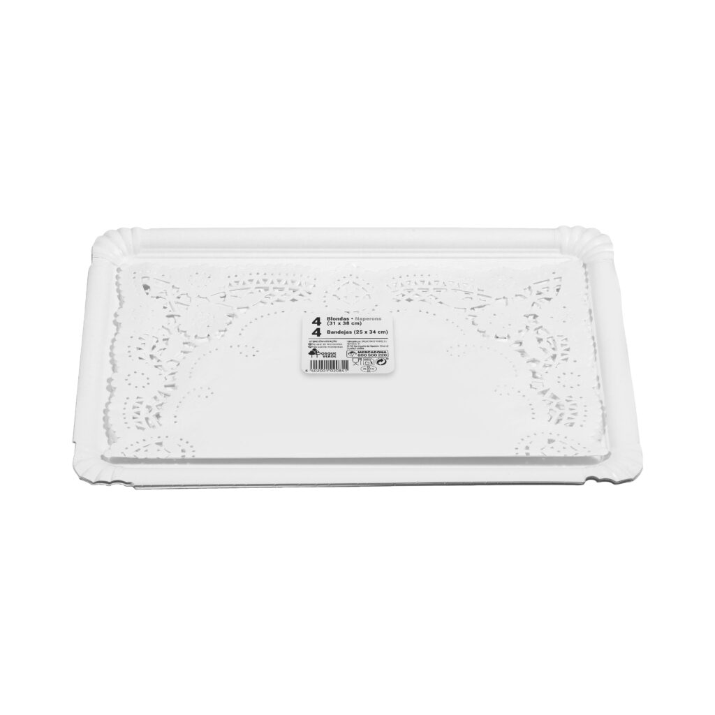 Bandeja de cartón rectangular Bosque Verde desechable 25 x 34 cm incluye 4 bandejas y 4 blondas