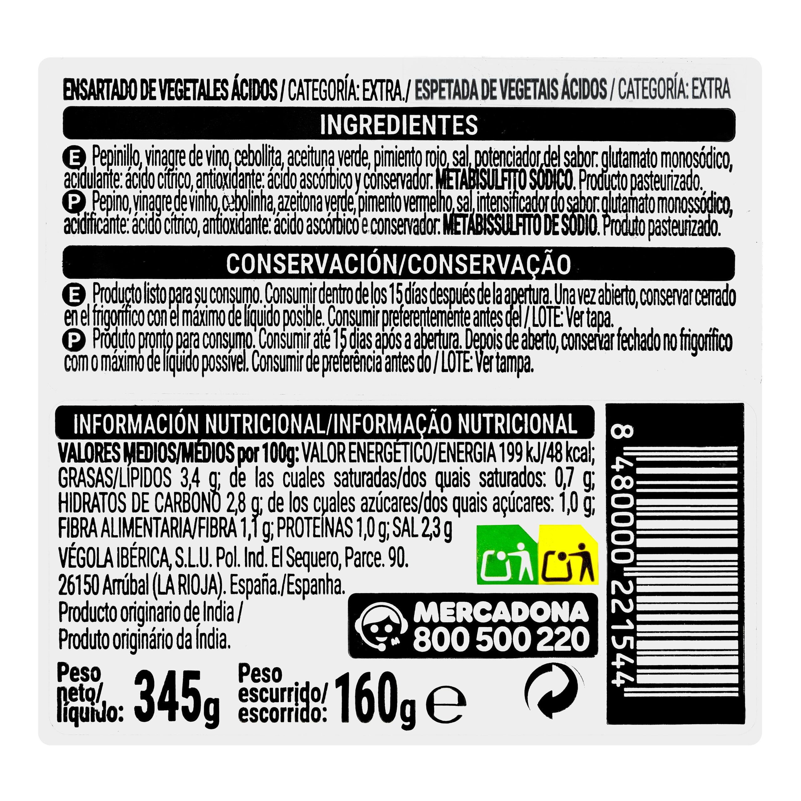 Etiqueta Banderillas dulces Hacendado en vinagre