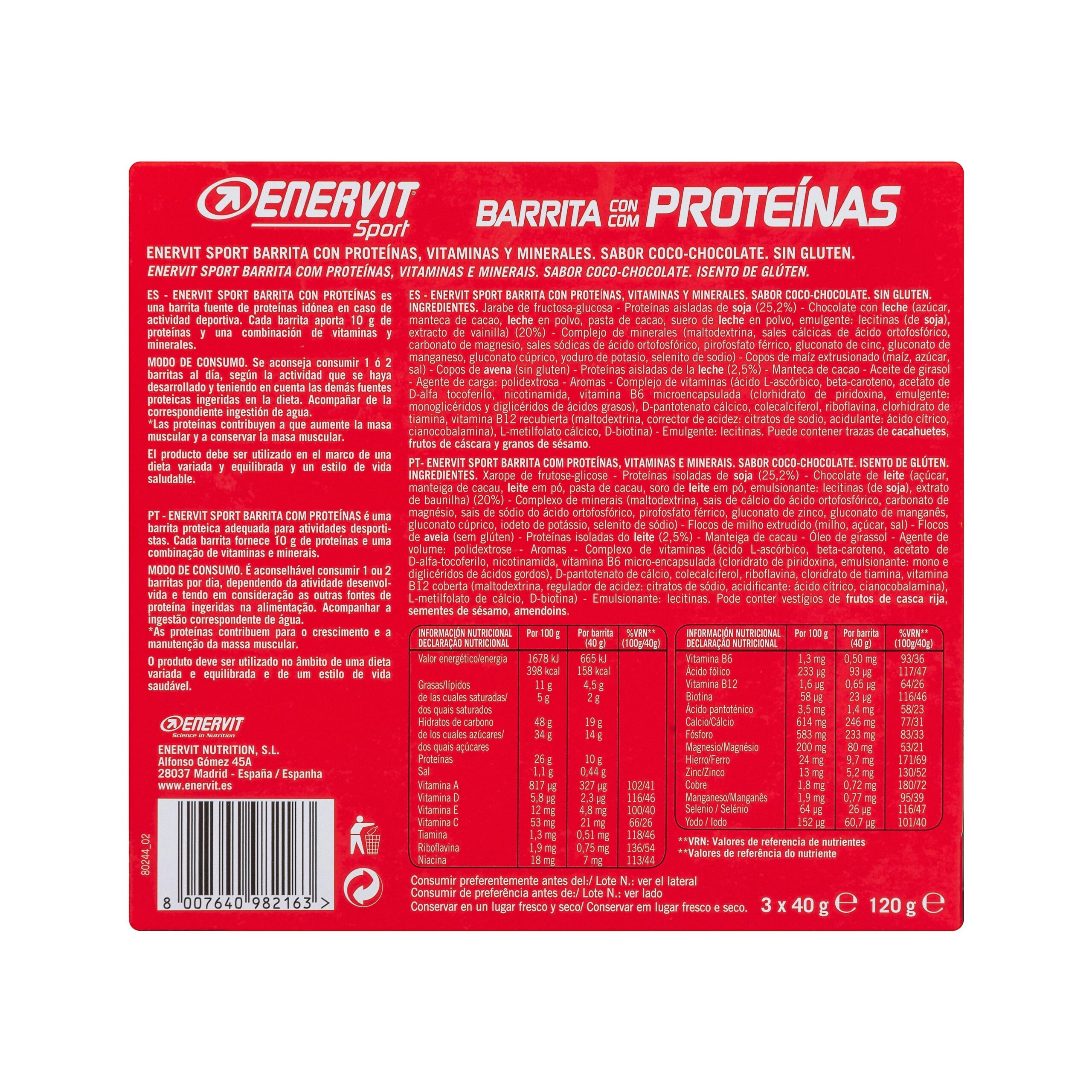 Etiqueta Barritas con proteínas Enervit Sport sabor coco y chocolate