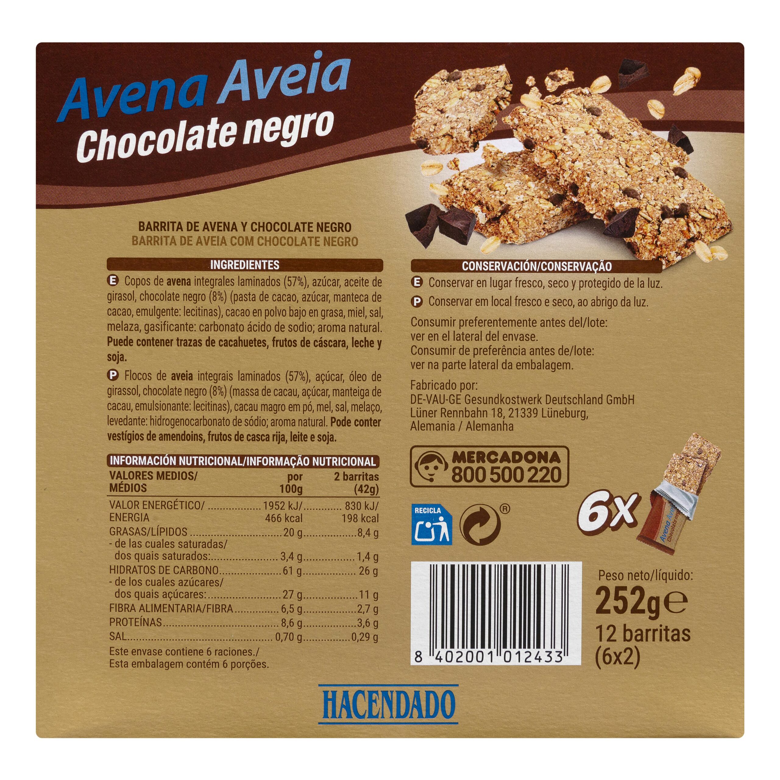 Etiqueta Barritas de avena Hacendado con chocolate negro