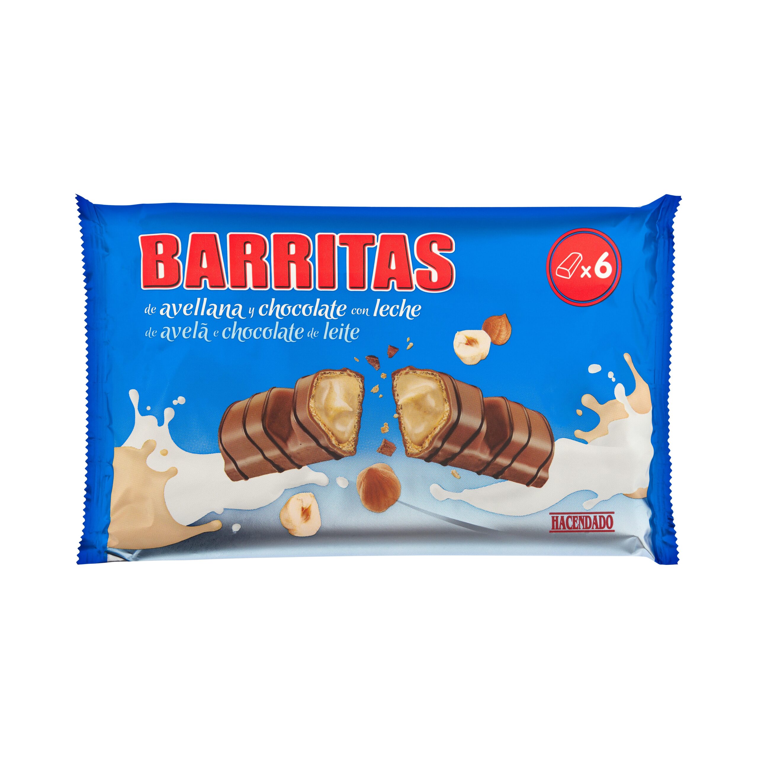 Barritas de barquillo Hacendado con relleno de avellana cubiertas de chocolate con leche Mercadona
