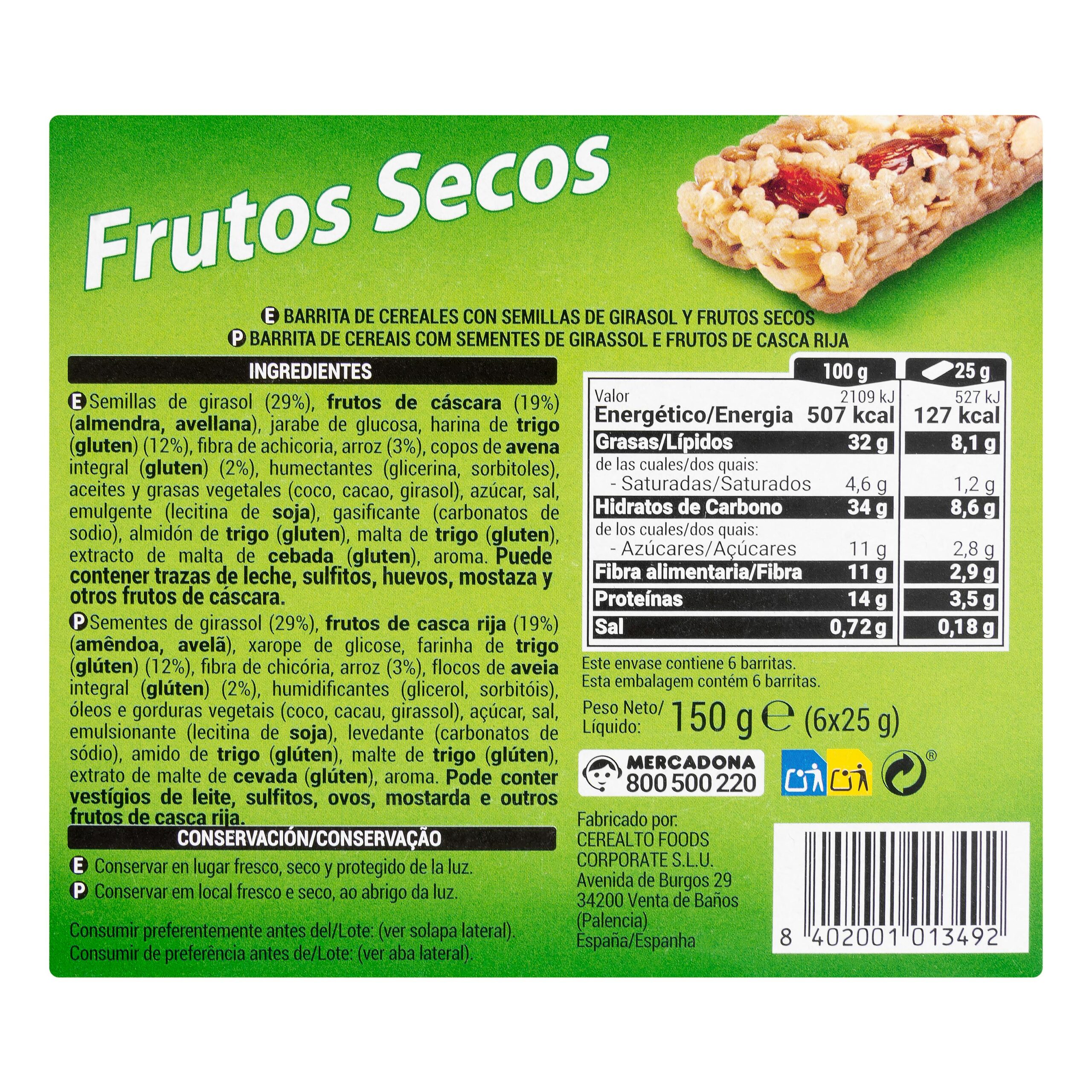 Etiqueta Barritas de cereales con frutos secos Hacendado