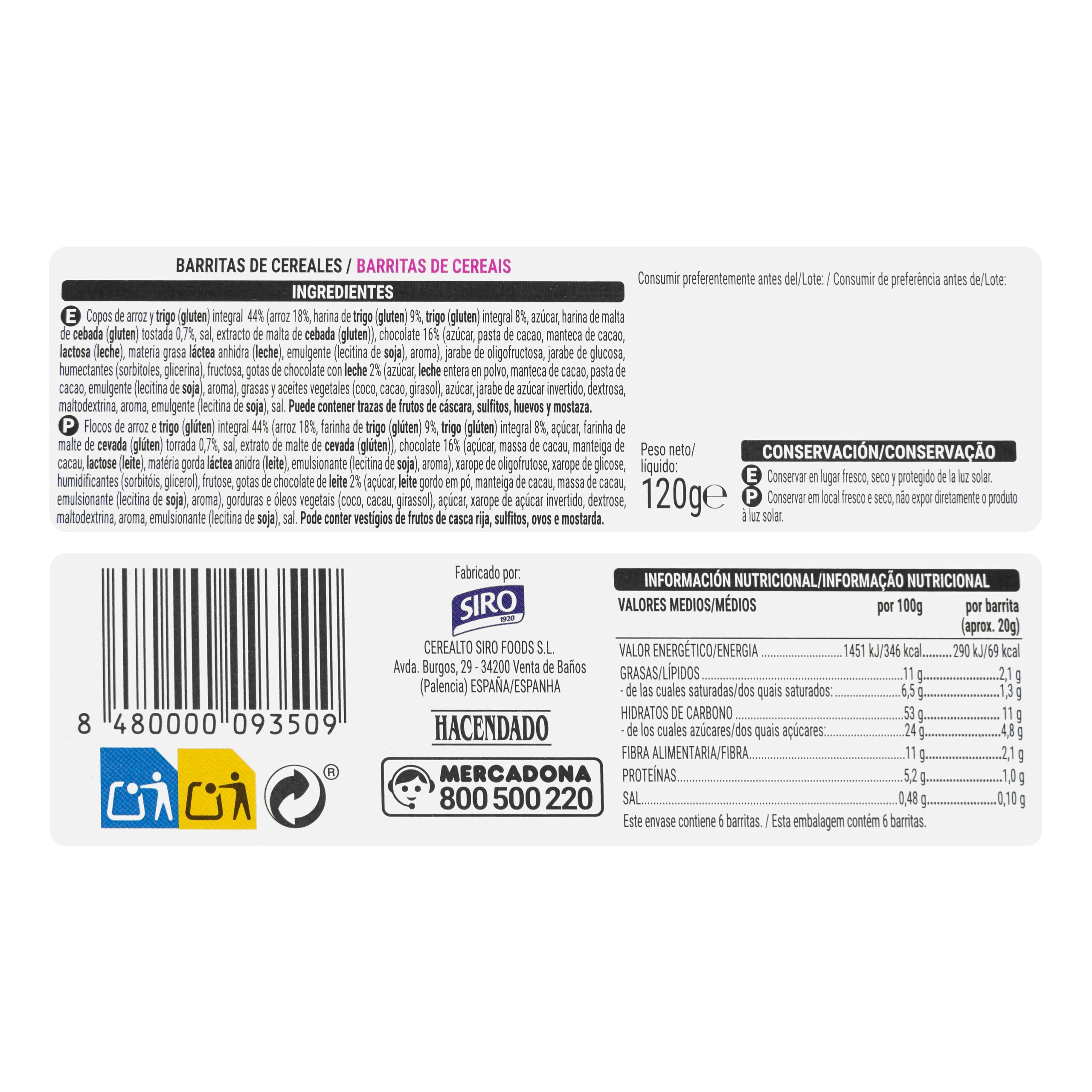 Etiqueta Barritas de cereales Hacendado chocolate con leche