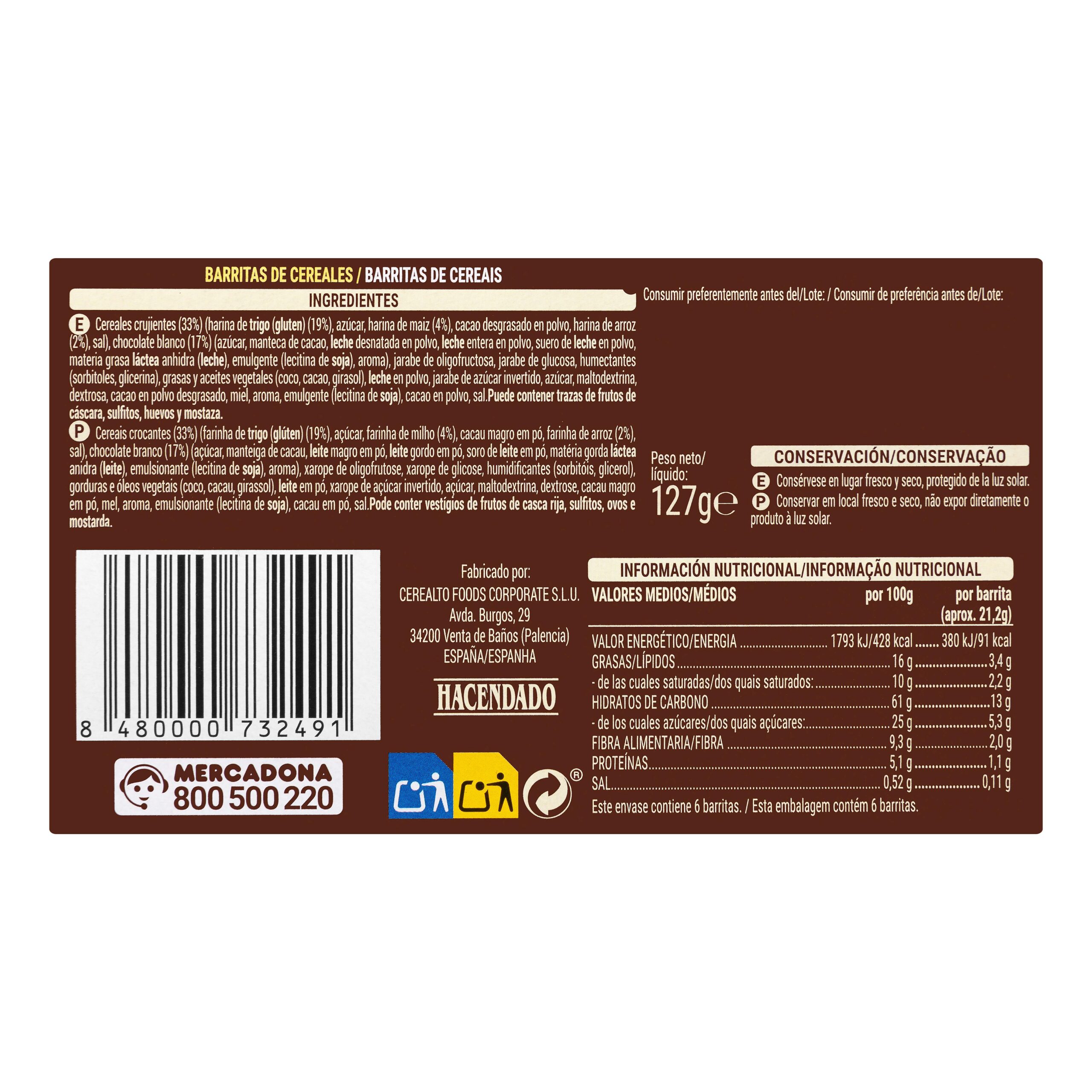 Etiqueta Barritas de cereales Hacendado con chocolate blanco