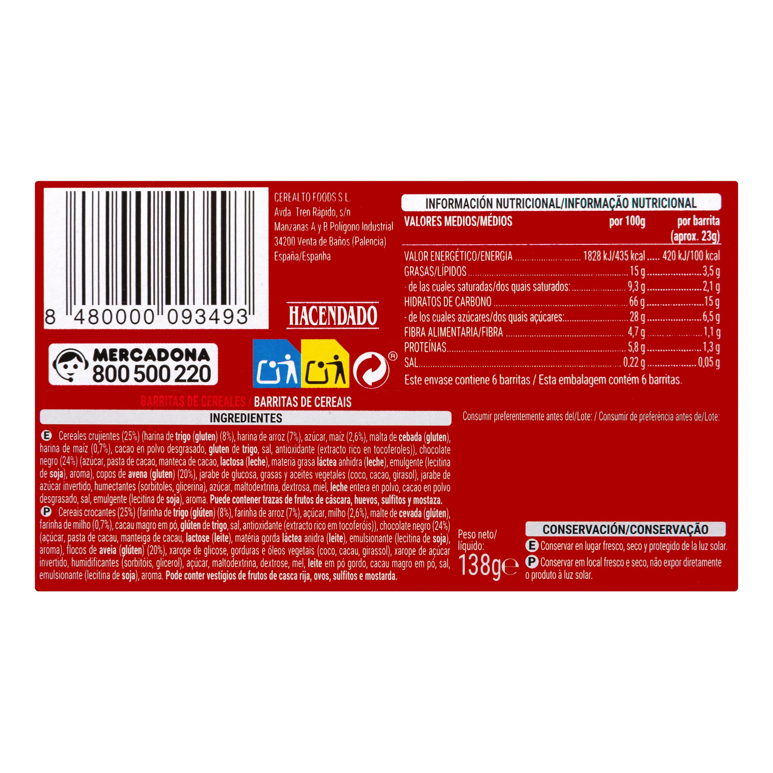 Etiqueta Barritas de cereales muesli Hacendado con chocolate