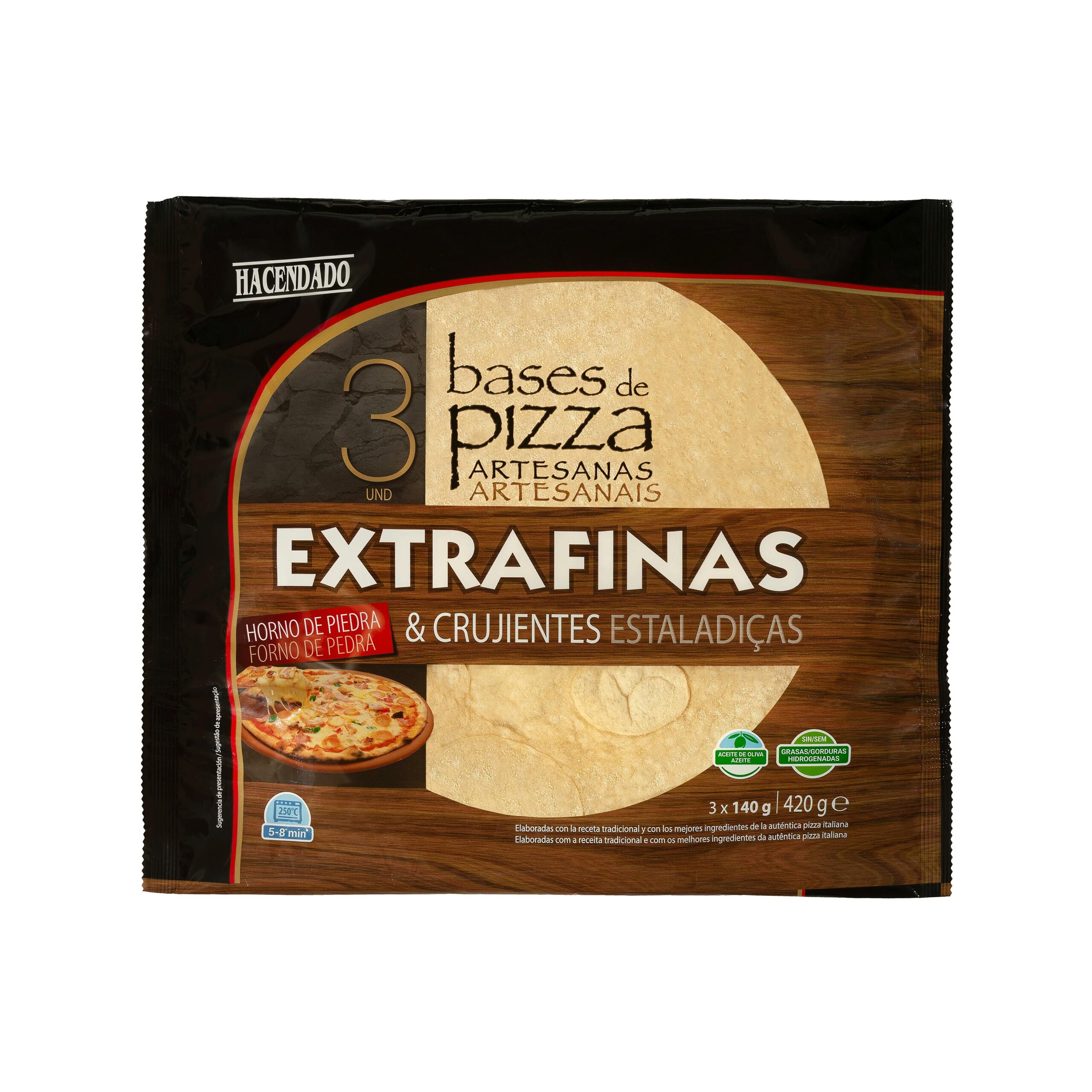 Bases de pizza artesanas extrafinas y crujientes Hacendado ultracongeladas con aceite de oliva
