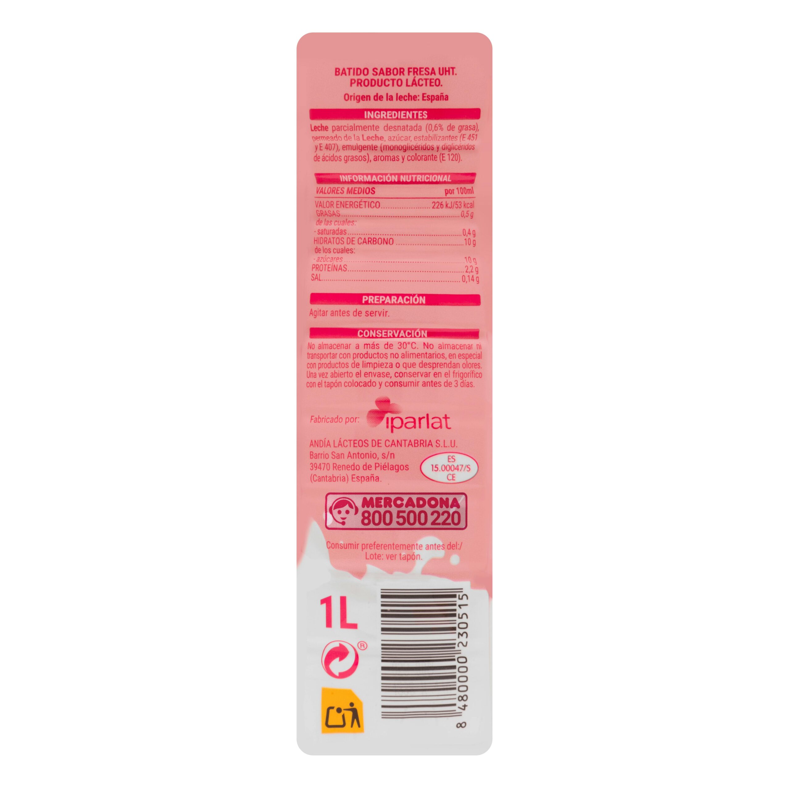 Etiqueta Batido sabor fresa Hacendado