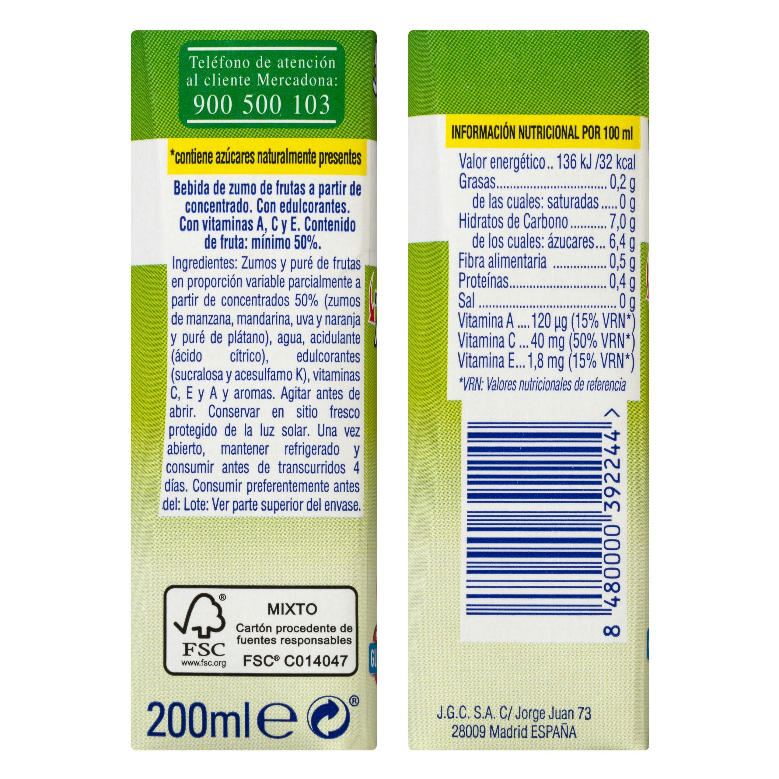 Etiqueta Bebida 5 frutas Hacendado sin azúcares añadidos