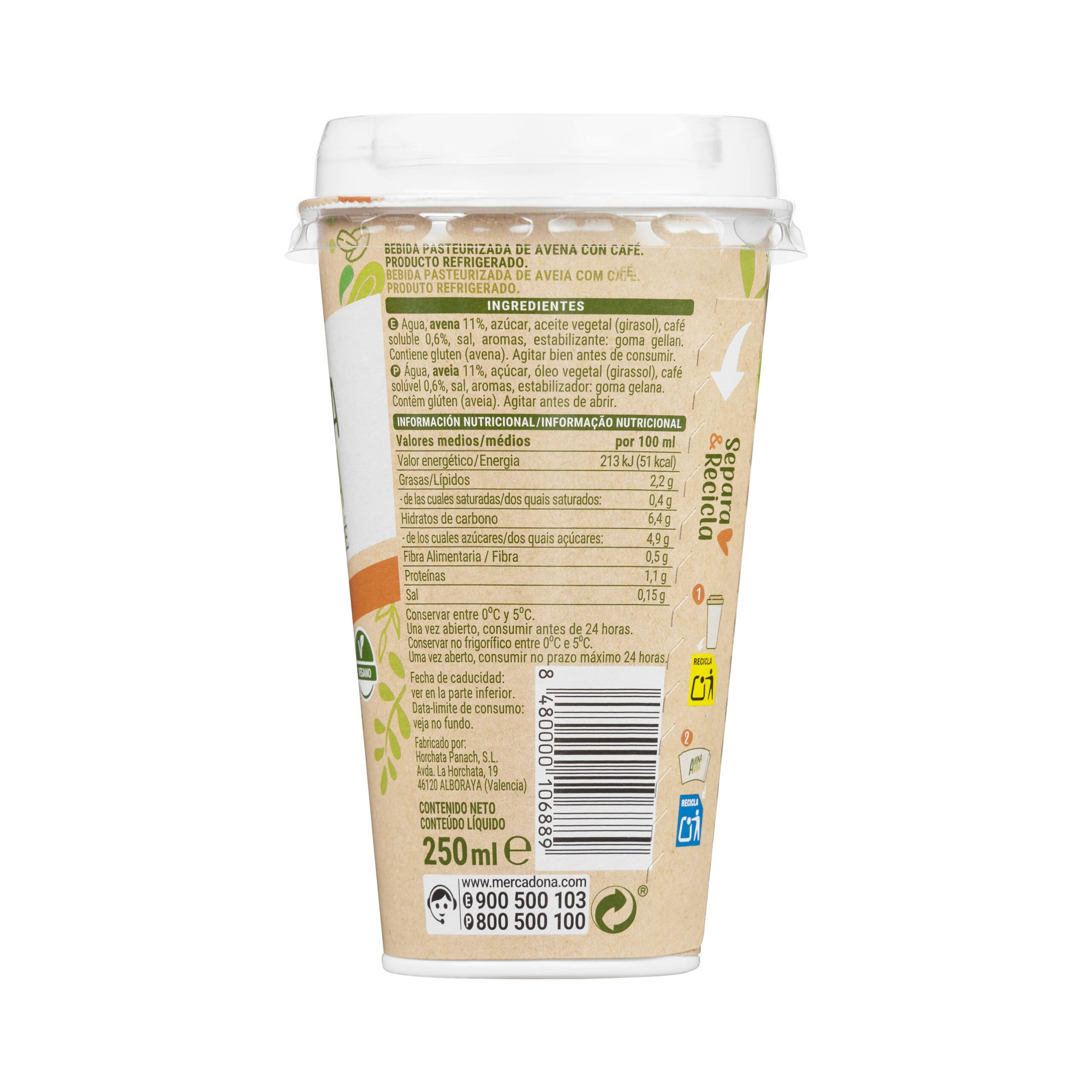 Etiqueta Bebida de avena con café Hacendado