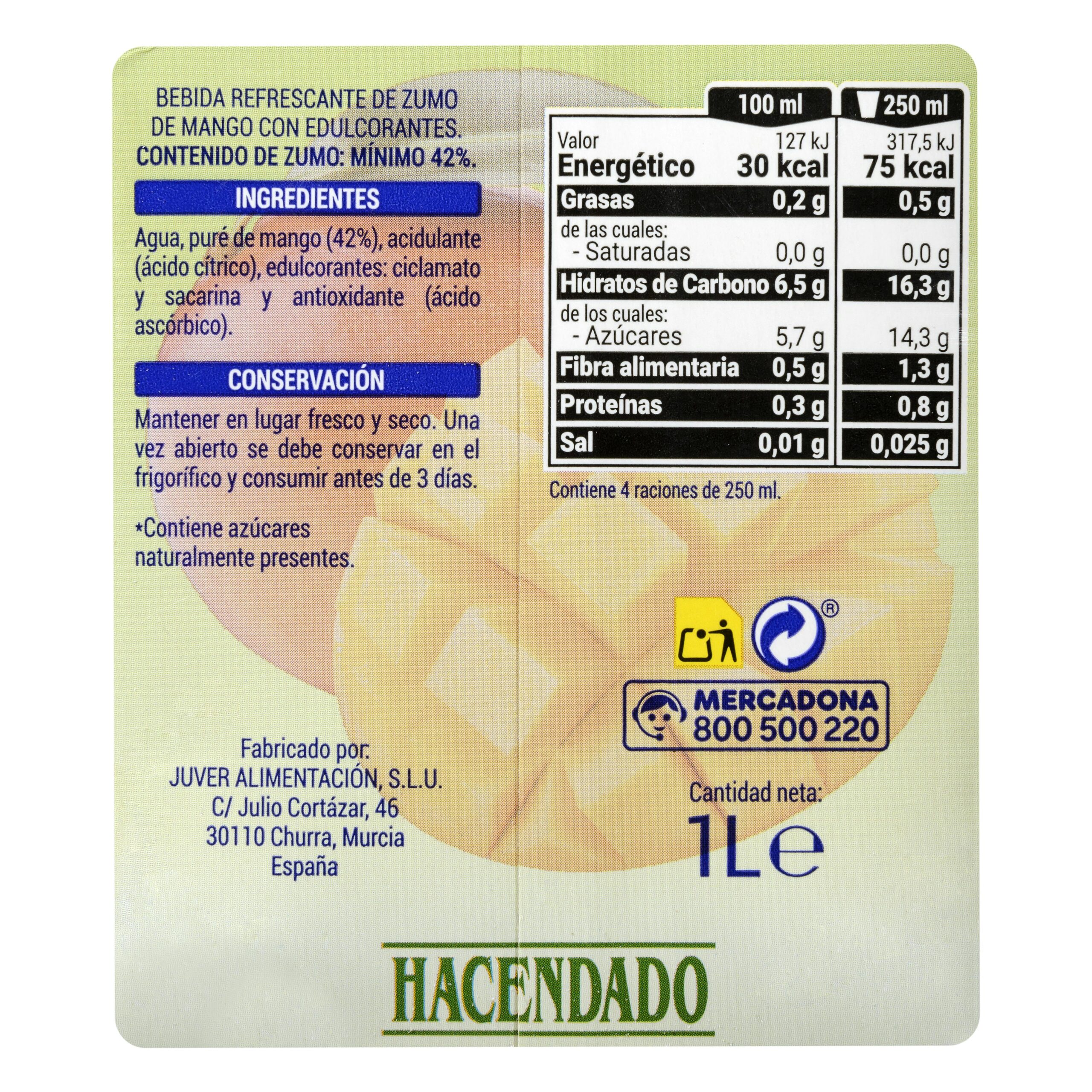 Etiqueta Bebida de mango Hacendado sin azúcares añadidos