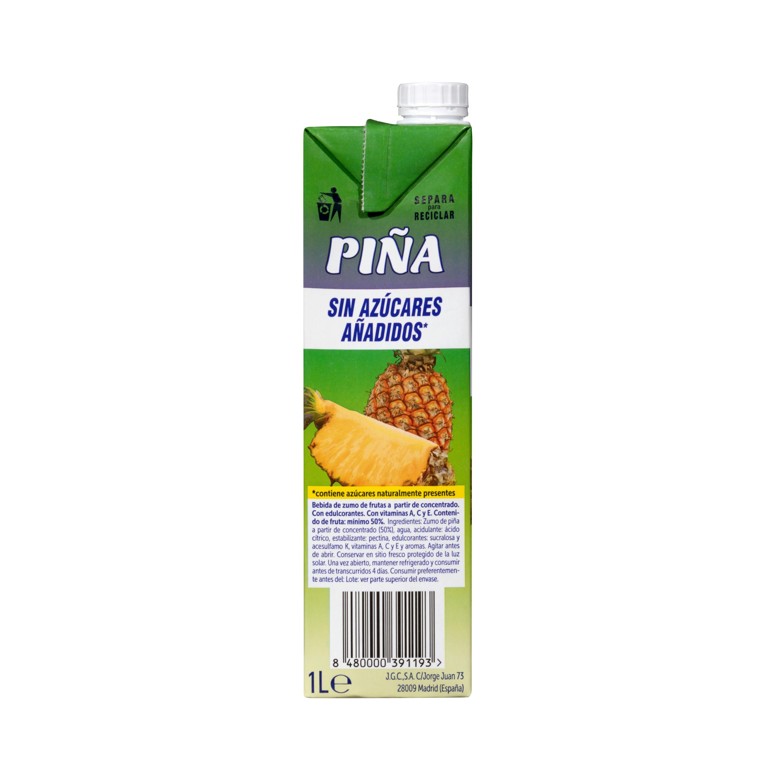 Etiqueta Bebida de piña Hacendado sin azúcares añadidos