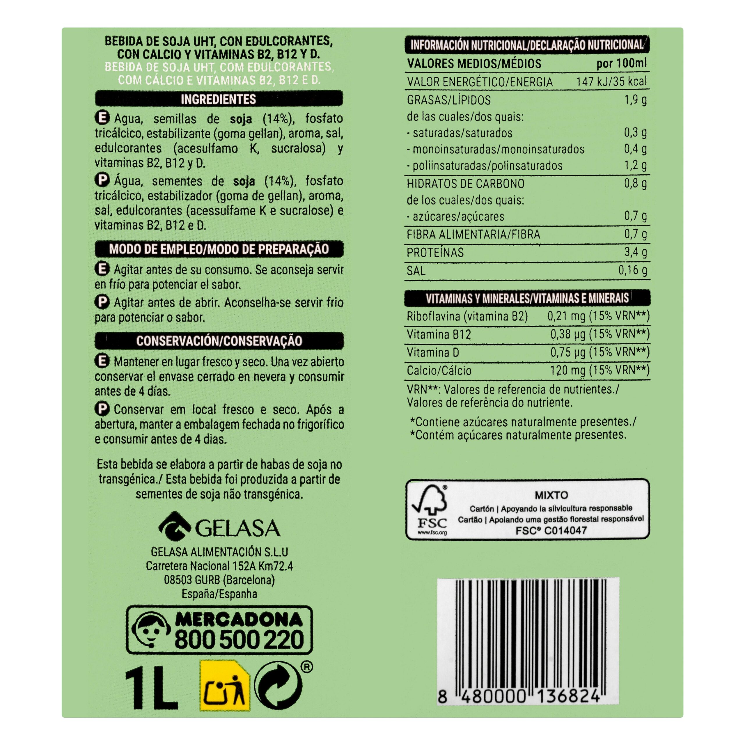 Etiqueta Bebida de soja con calcio y vitaminas Hacendado