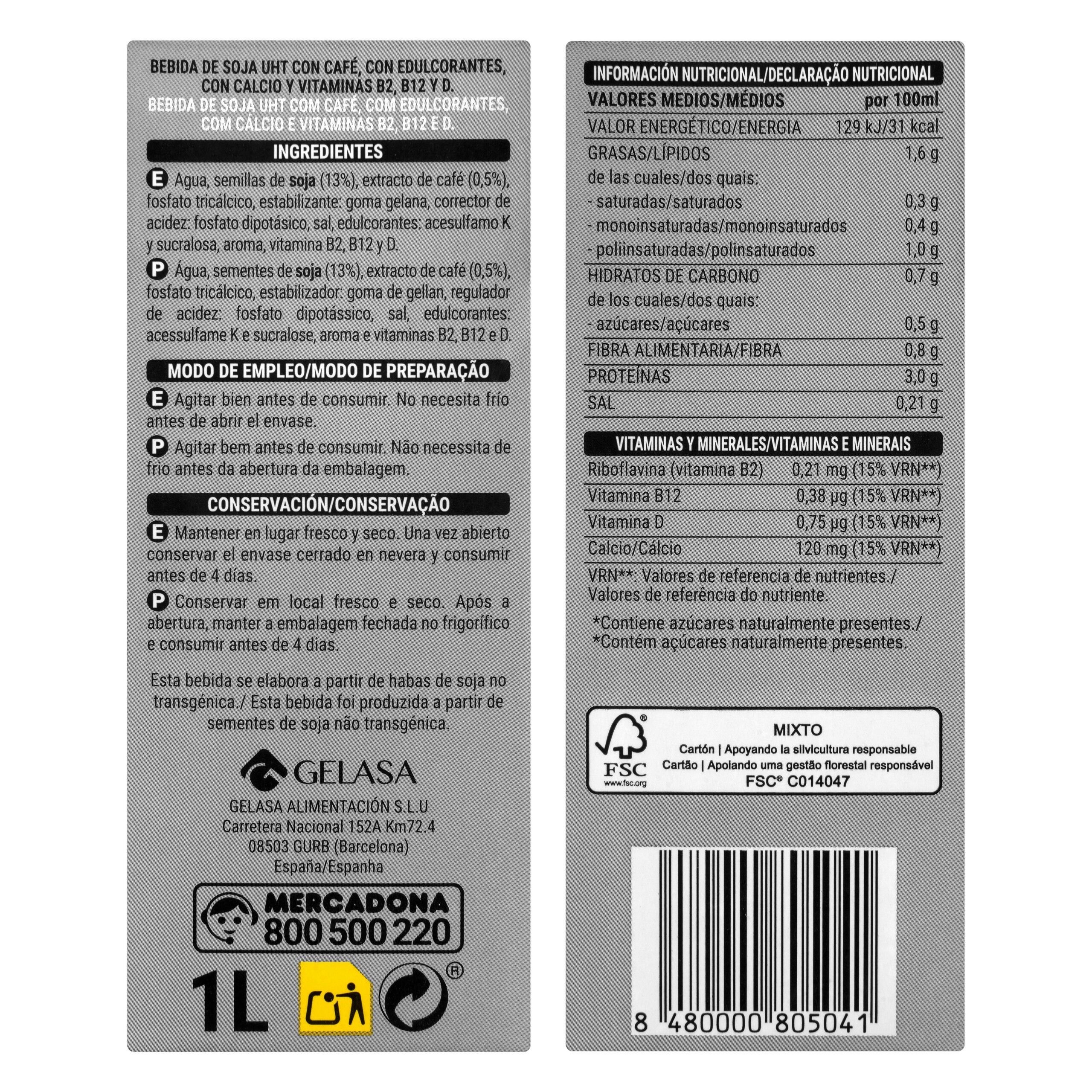 Etiqueta Bebida de soja sabor café sin azúcares añadidos Hacendado