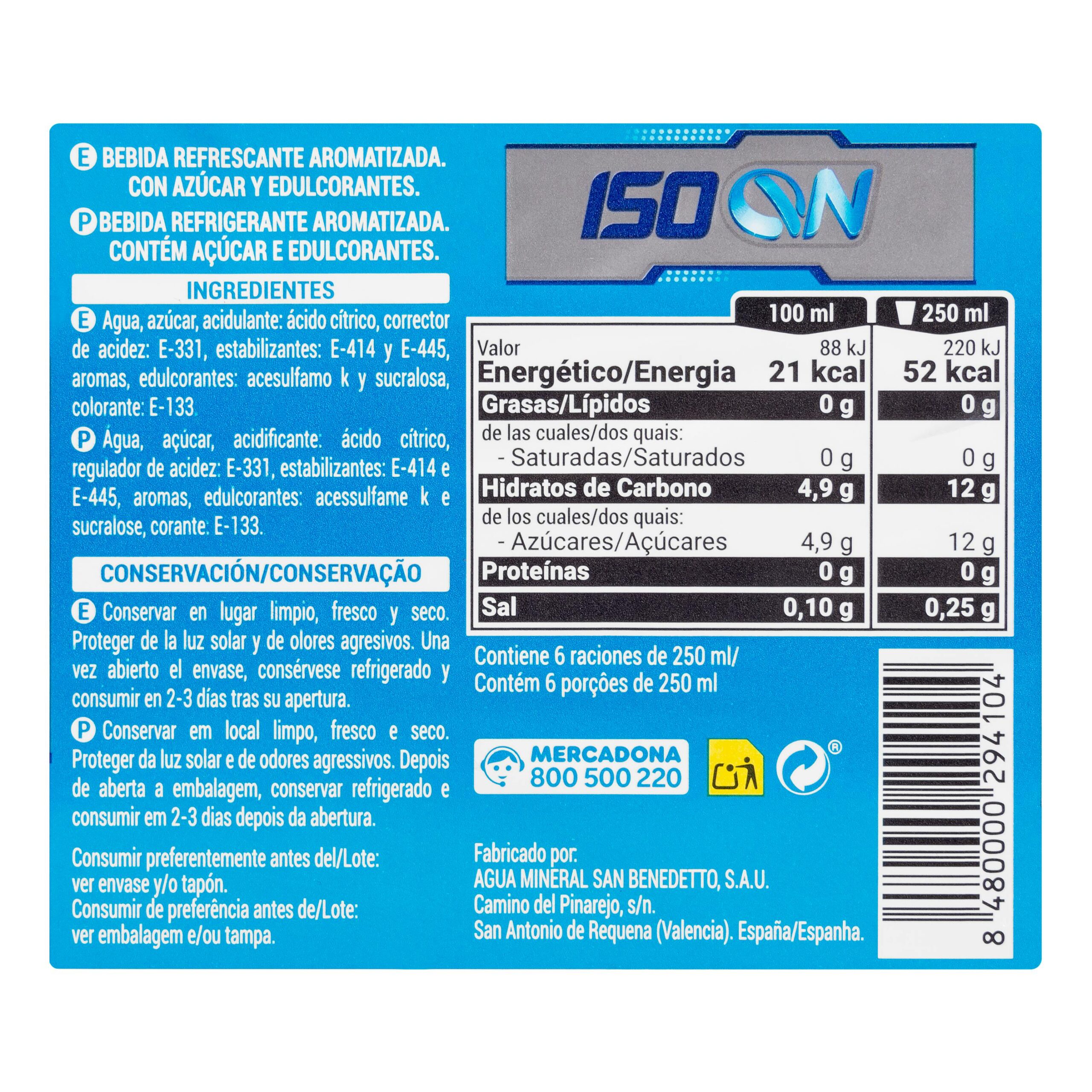 Etiqueta Bebida isotónica Iso On blue Hacendado