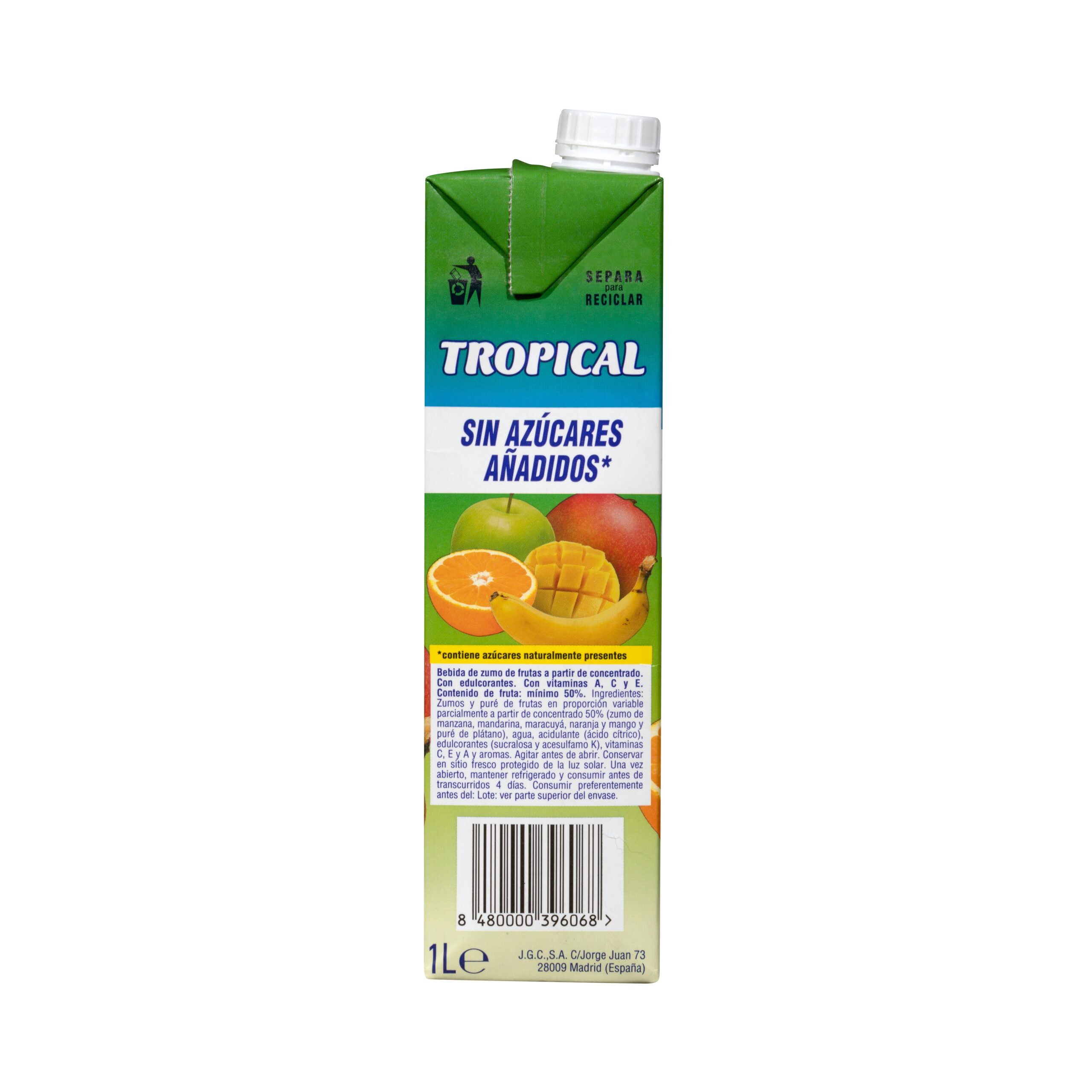 Etiqueta Bebida tropical Hacendado sin azúcares añadidos