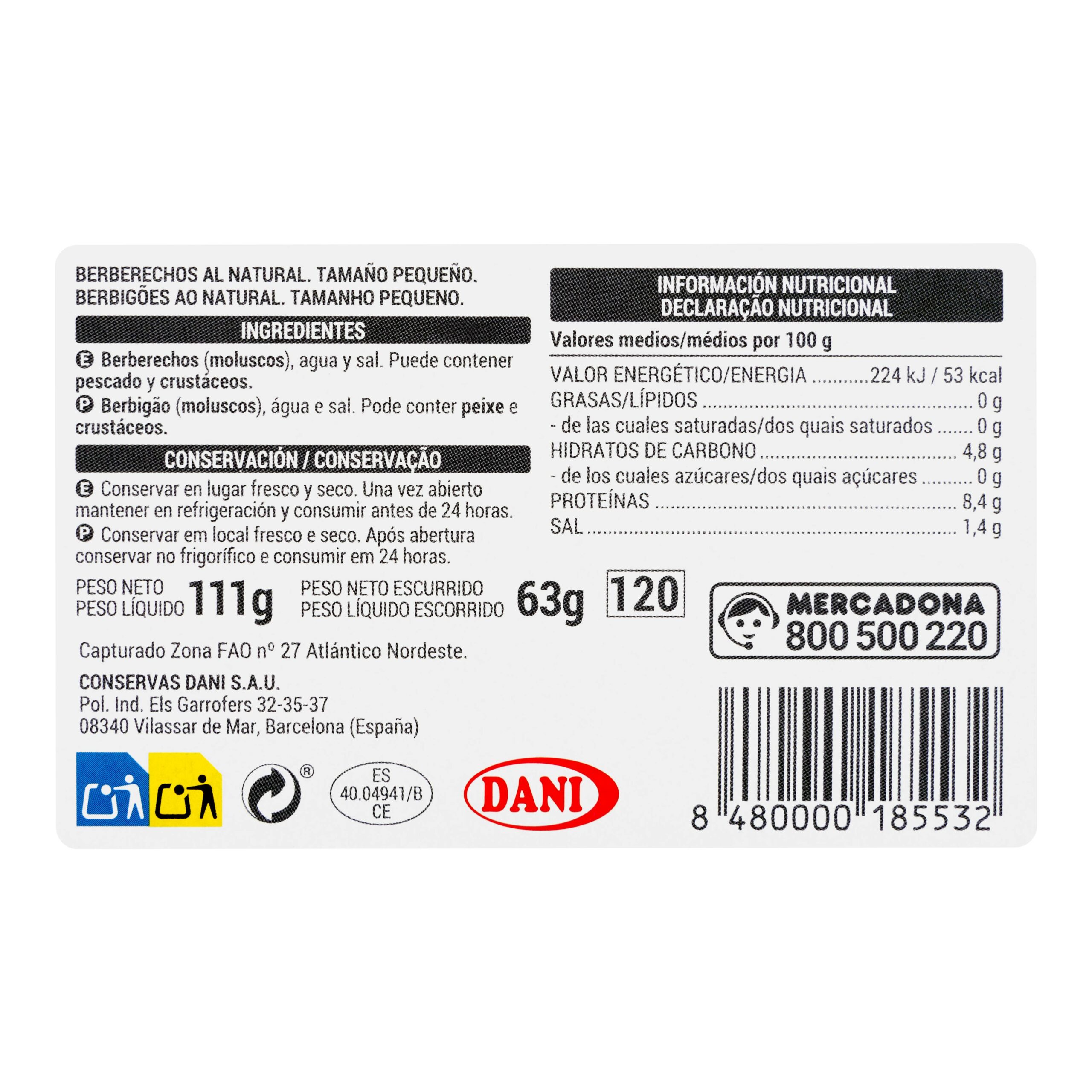 Etiqueta Berberechos al natural S Hacendado 65-100 piezas