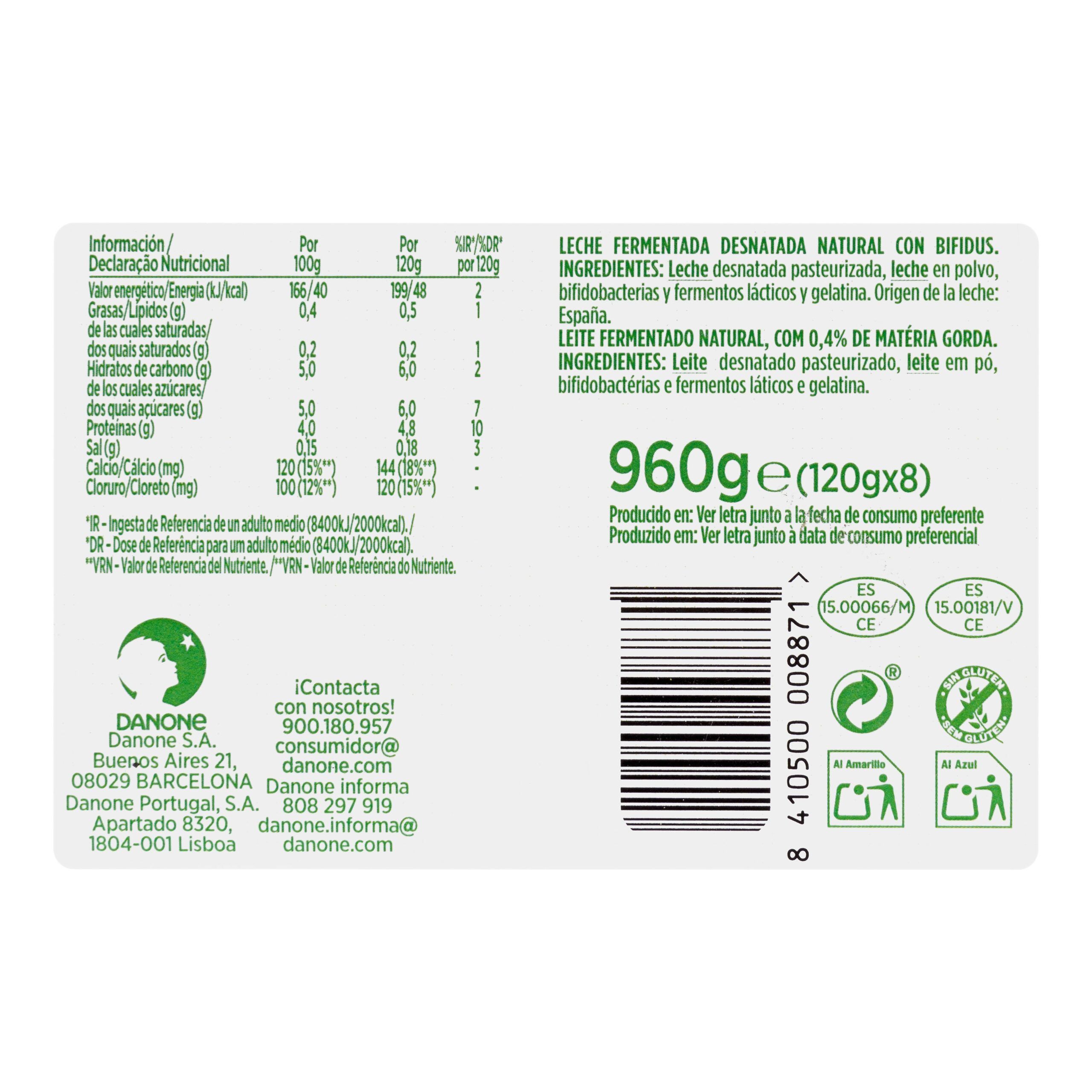 Etiqueta Bífidus desnatado natural Activia zero m.g. Danone